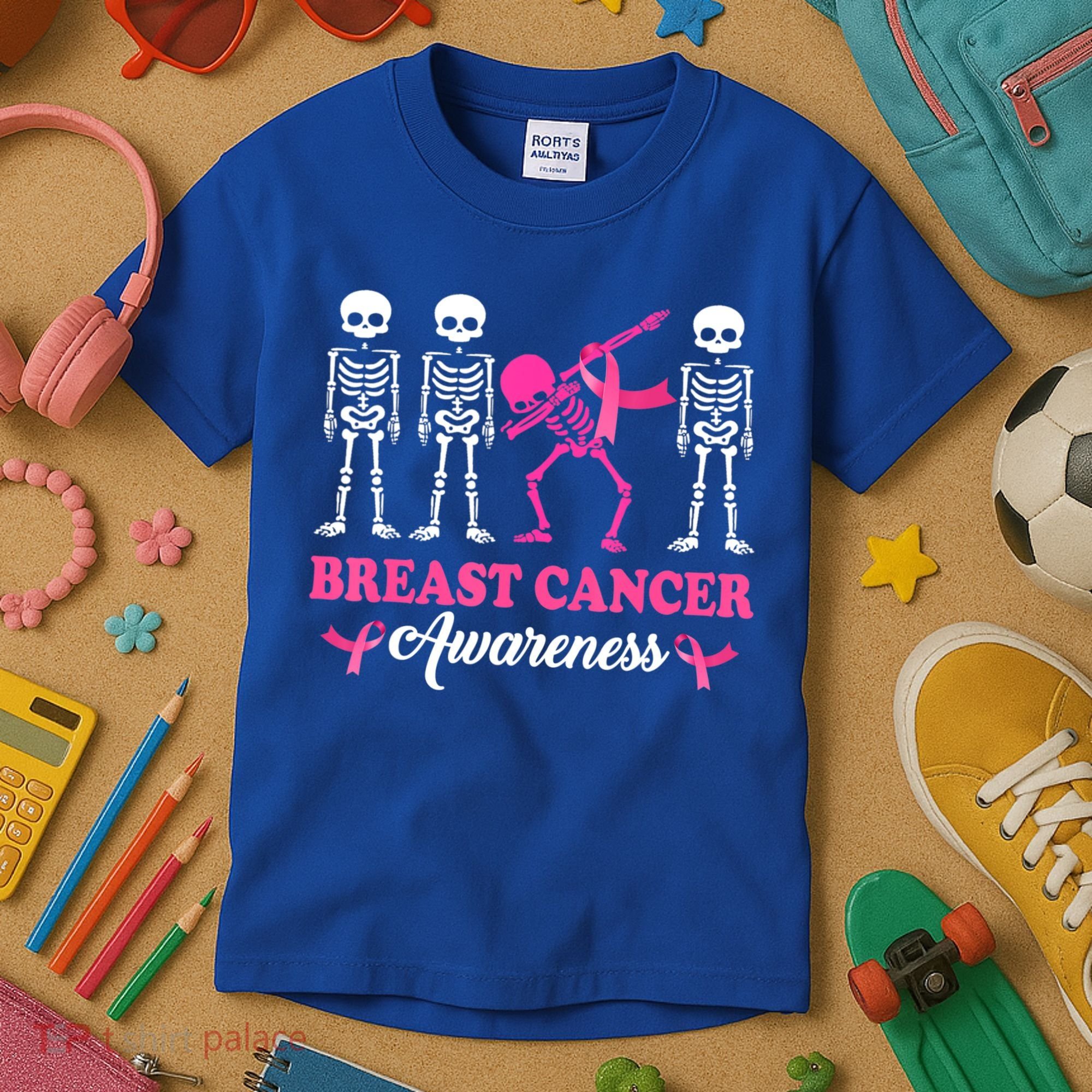 Dabbing Skeleton With Pink Ribbon Breast Cancer Halloween Kids T-Shirt