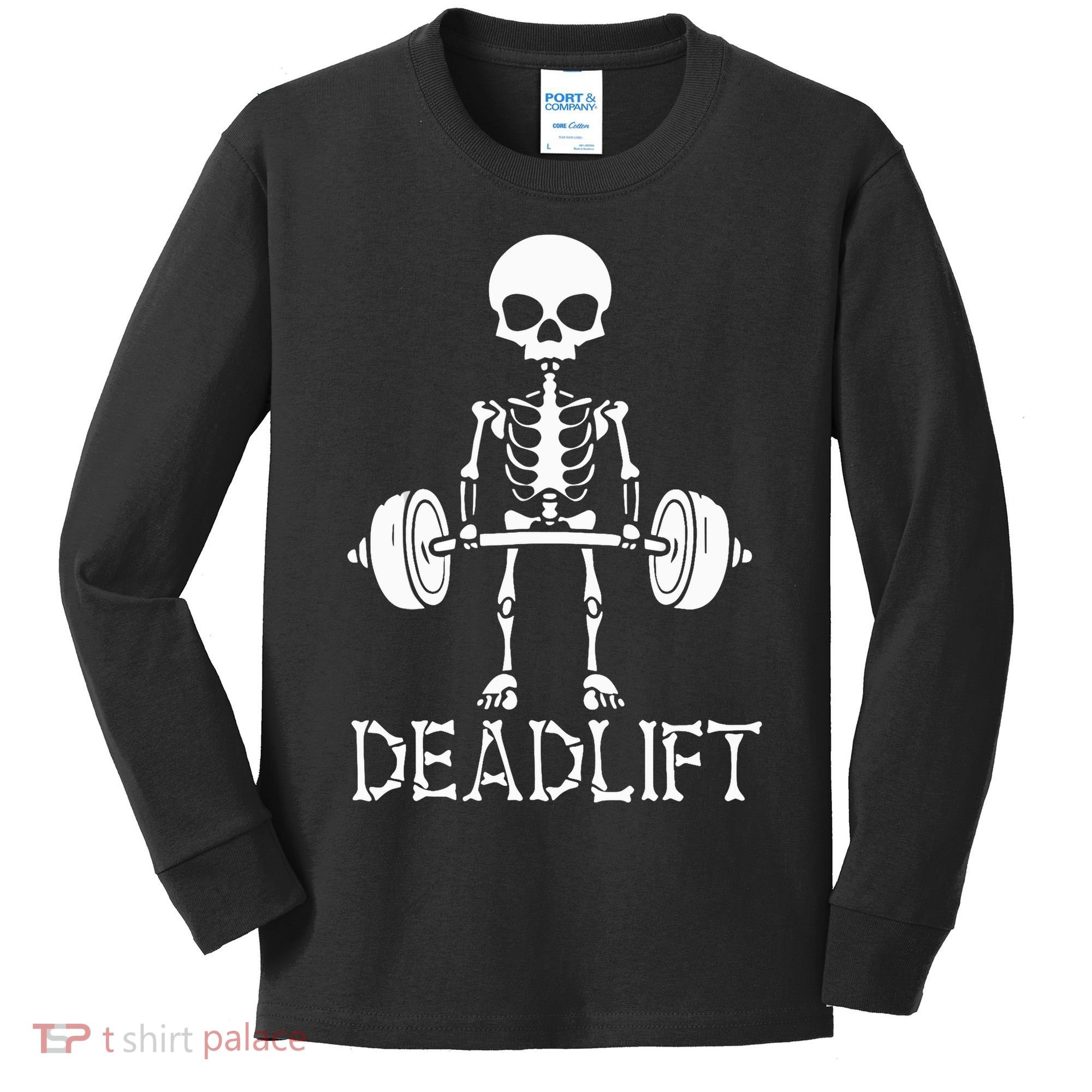 Deadlift Skeleton Workout Bodybuilding Gym Funny Skull Kids Long Sleeve Shirt