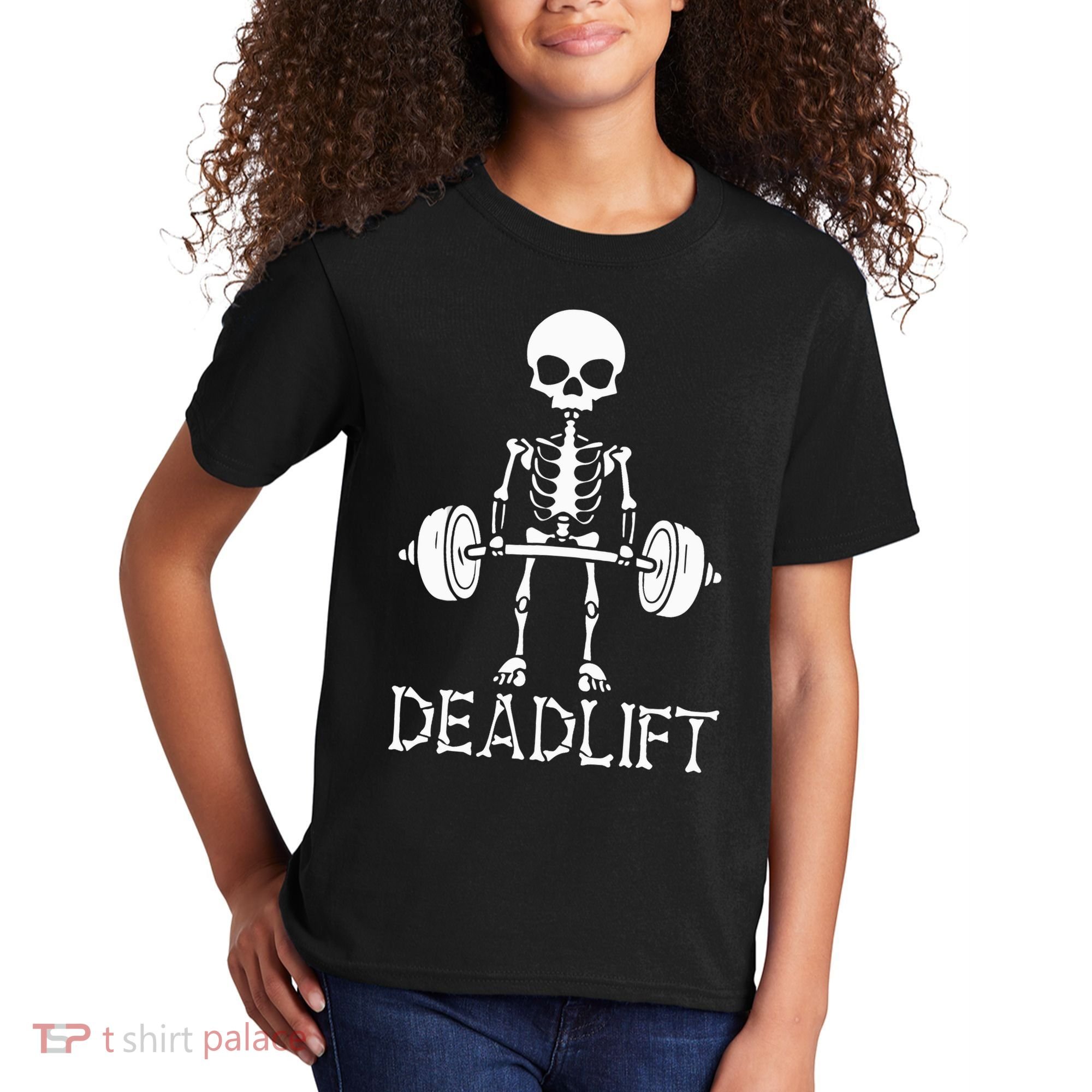 Deadlift Skeleton Workout Bodybuilding Gym Funny Skull Kids T-Shirt