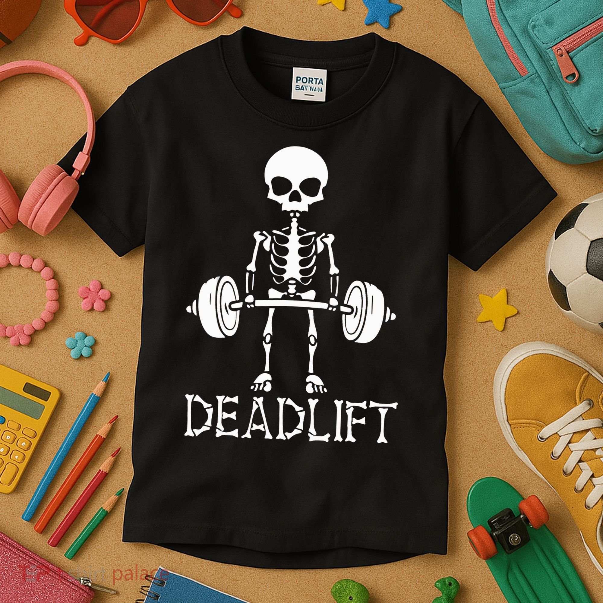 Deadlift Skeleton Workout Bodybuilding Gym Funny Skull Kids T-Shirt