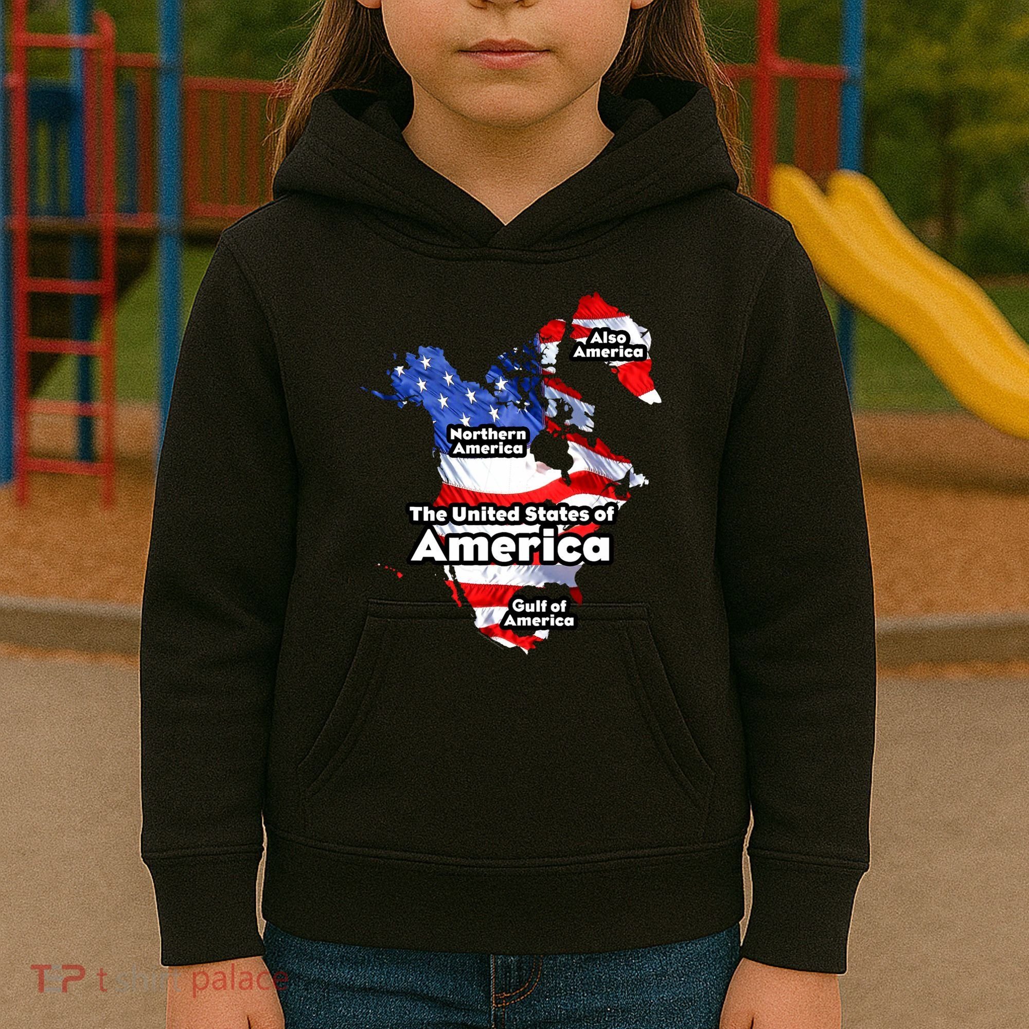 Donald Trump American Flag Canada Greenland Gulf Map Kids Hoodie