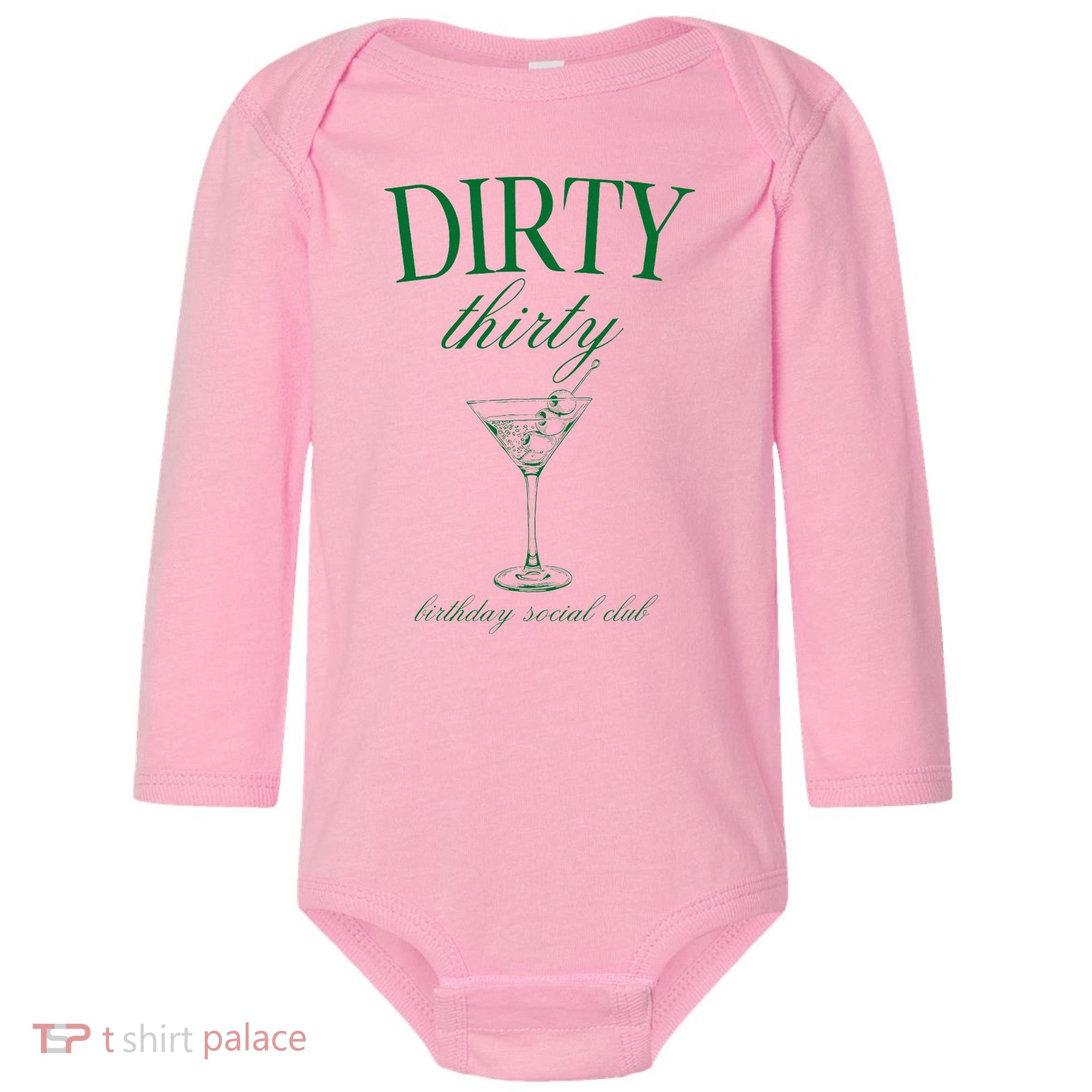 Dirty Thirty Birthday Social Club Retro Green Martini Baby Long Sleeve Bodysuit