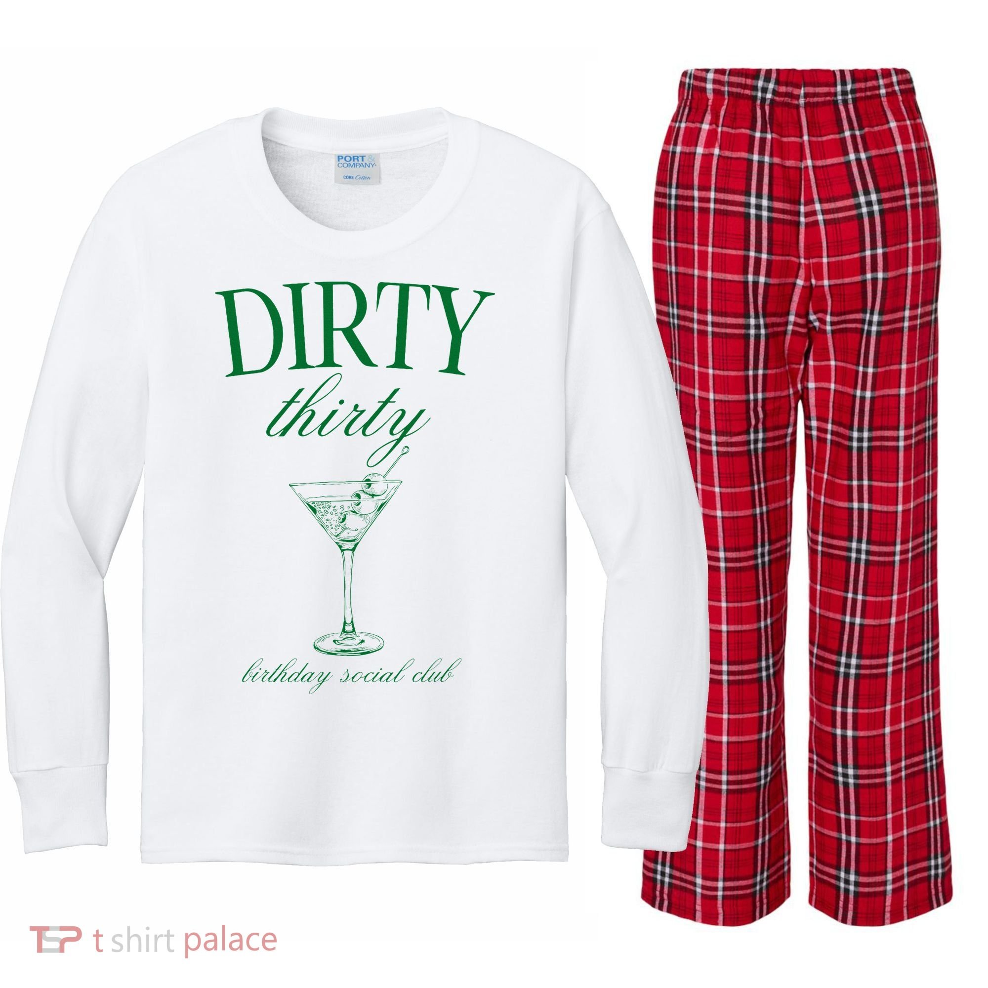 Dirty Thirty Birthday Social Club Retro Green Martini Kids Long Sleeve Plaid Pajama Set