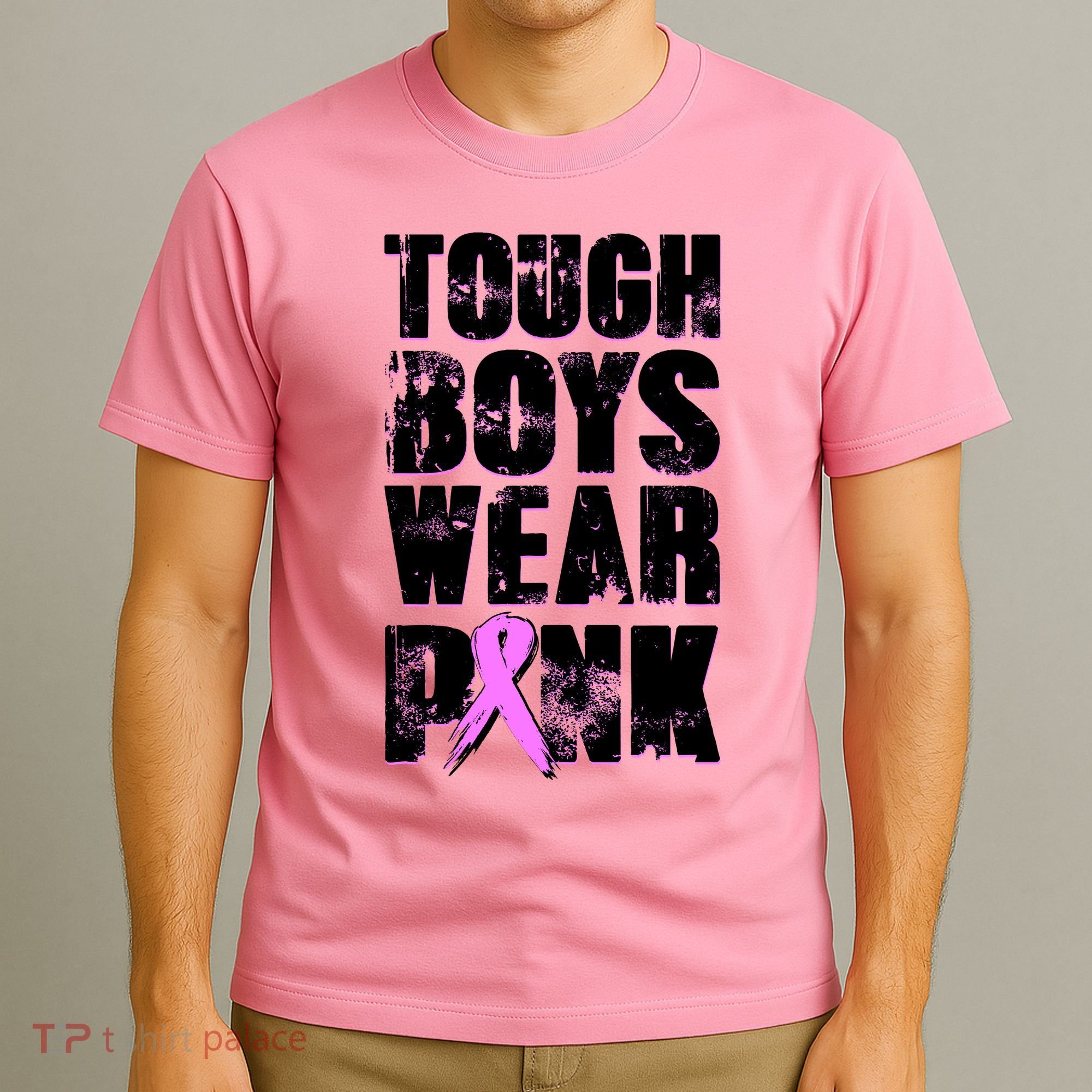 Distressed Tough Boys Wear Pink Breast Cancer Awareness T-Shirt