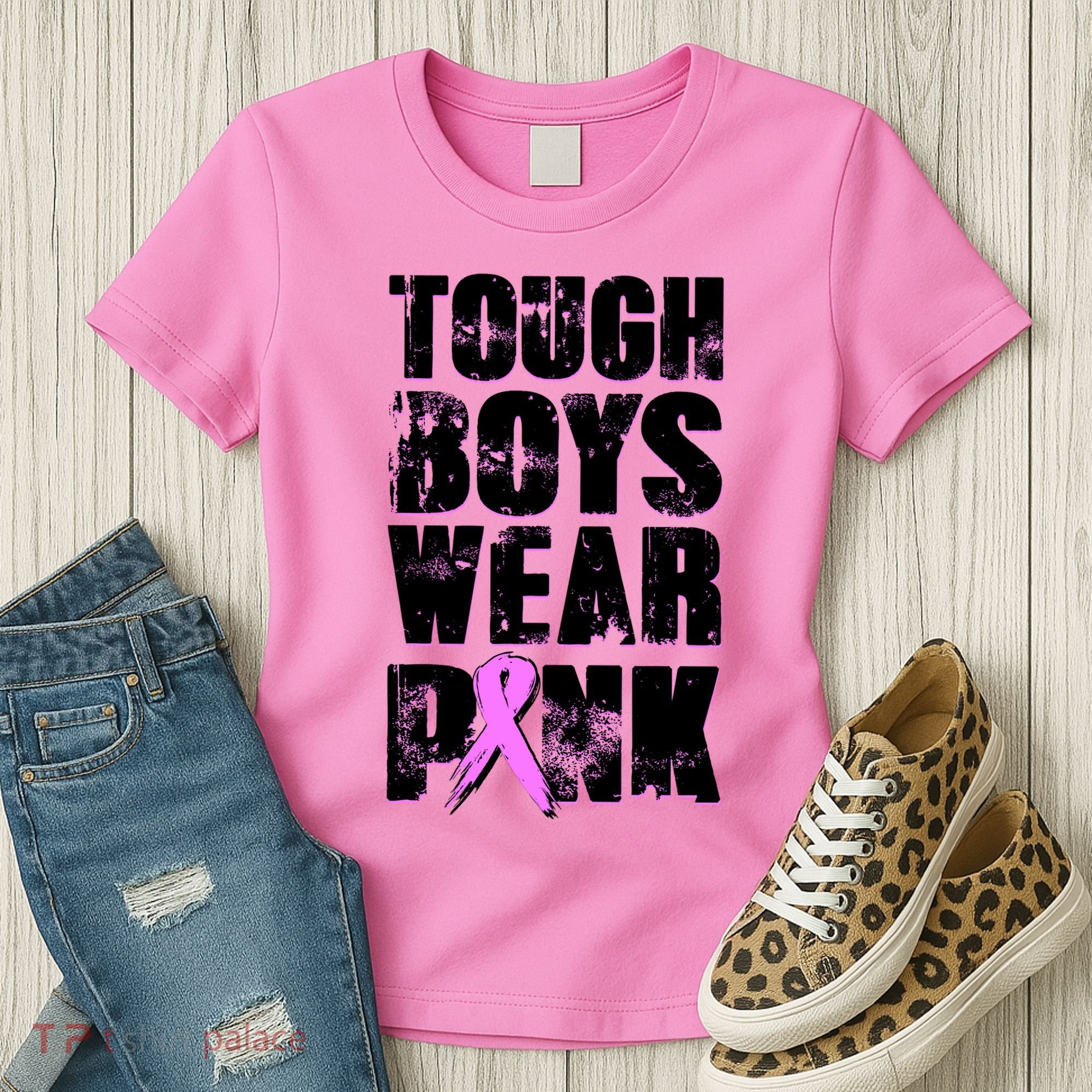 Distressed Tough Boys Wear Pink Breast Cancer Awareness Women's T-Shirt