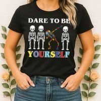 Dare To Be Yourself Autism Awareness Skeleton Women's T-Shirt thumb 2