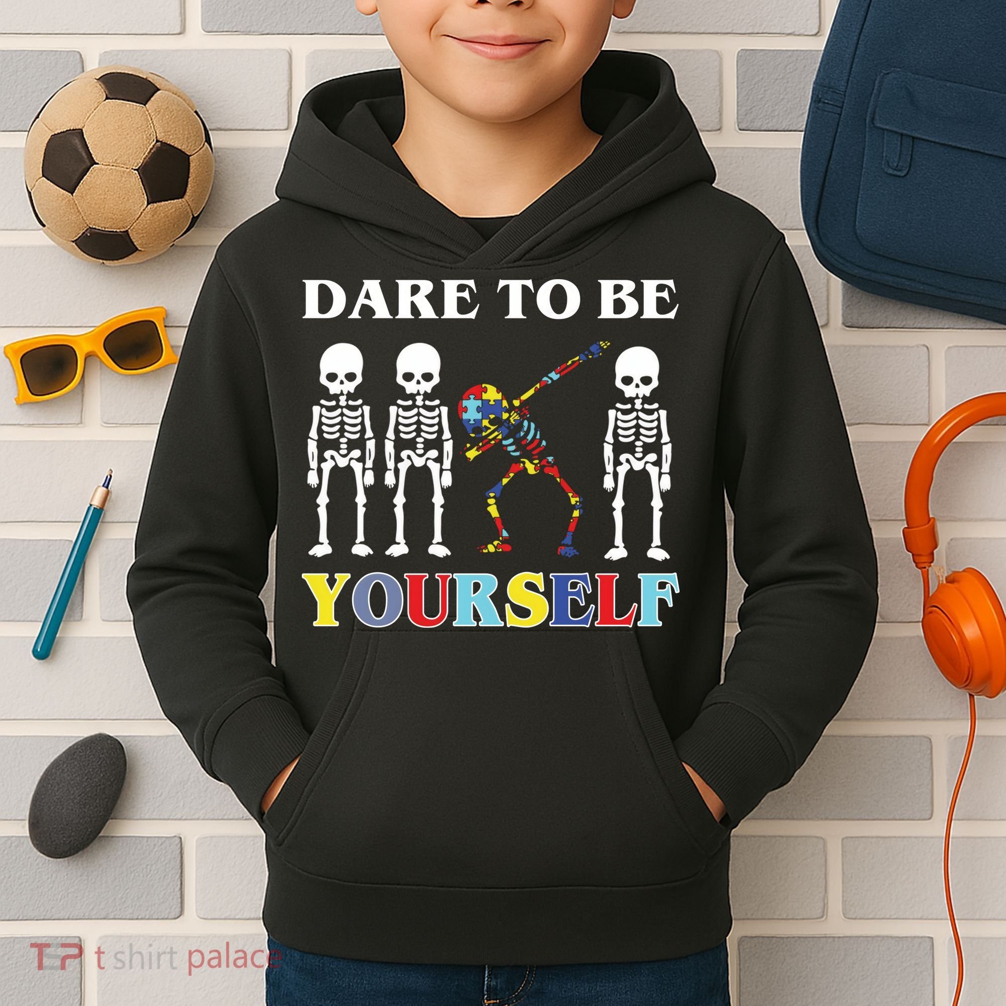 Dare To Be Yourself Autism Awareness Skeleton Kids Hoodie