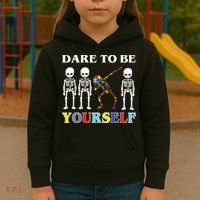 Dare To Be Yourself Autism Awareness Skeleton Kids Hoodie thumb 3
