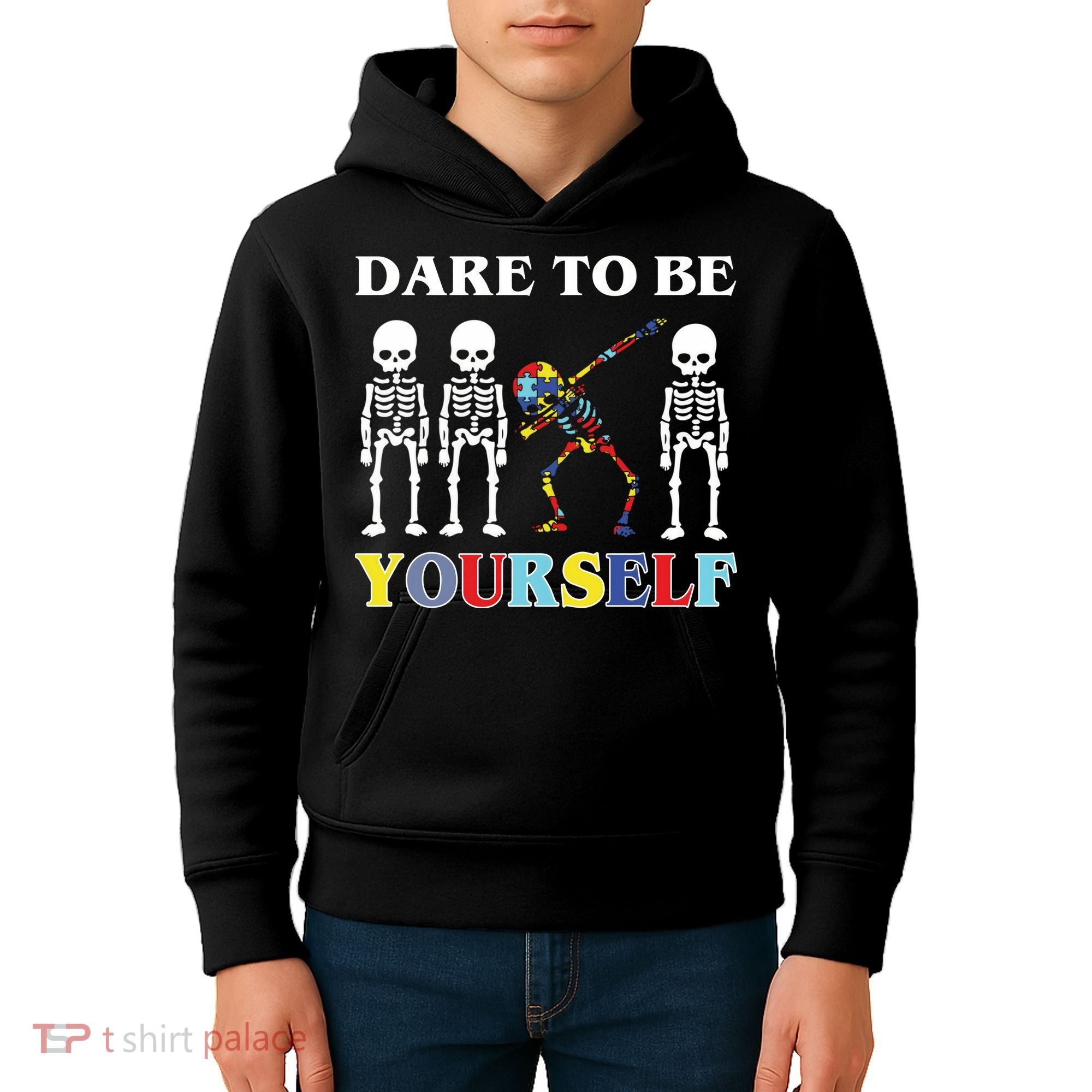 Dare To Be Yourself Autism Awareness Skeleton Kids Hoodie