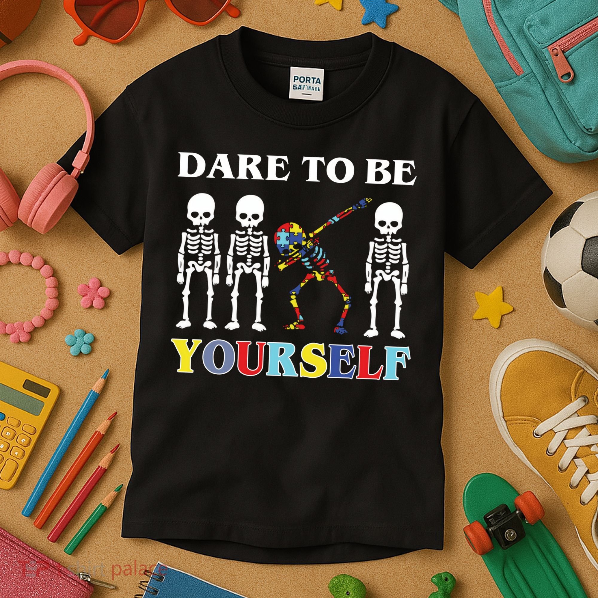 Dare To Be Yourself Autism Awareness Skeleton Kids T-Shirt