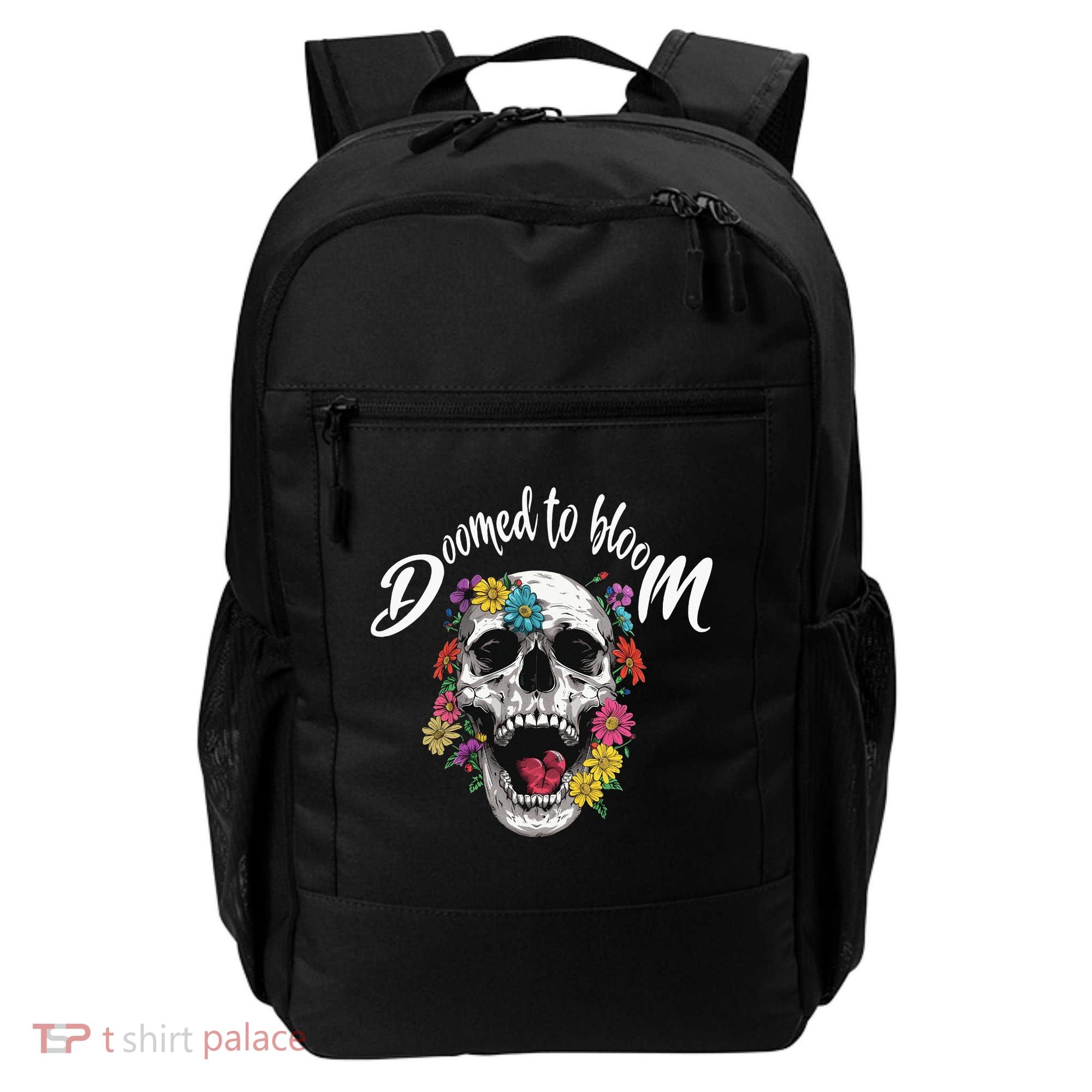 Doomed to Bloom Skull and Flowers Sobriety Backpack