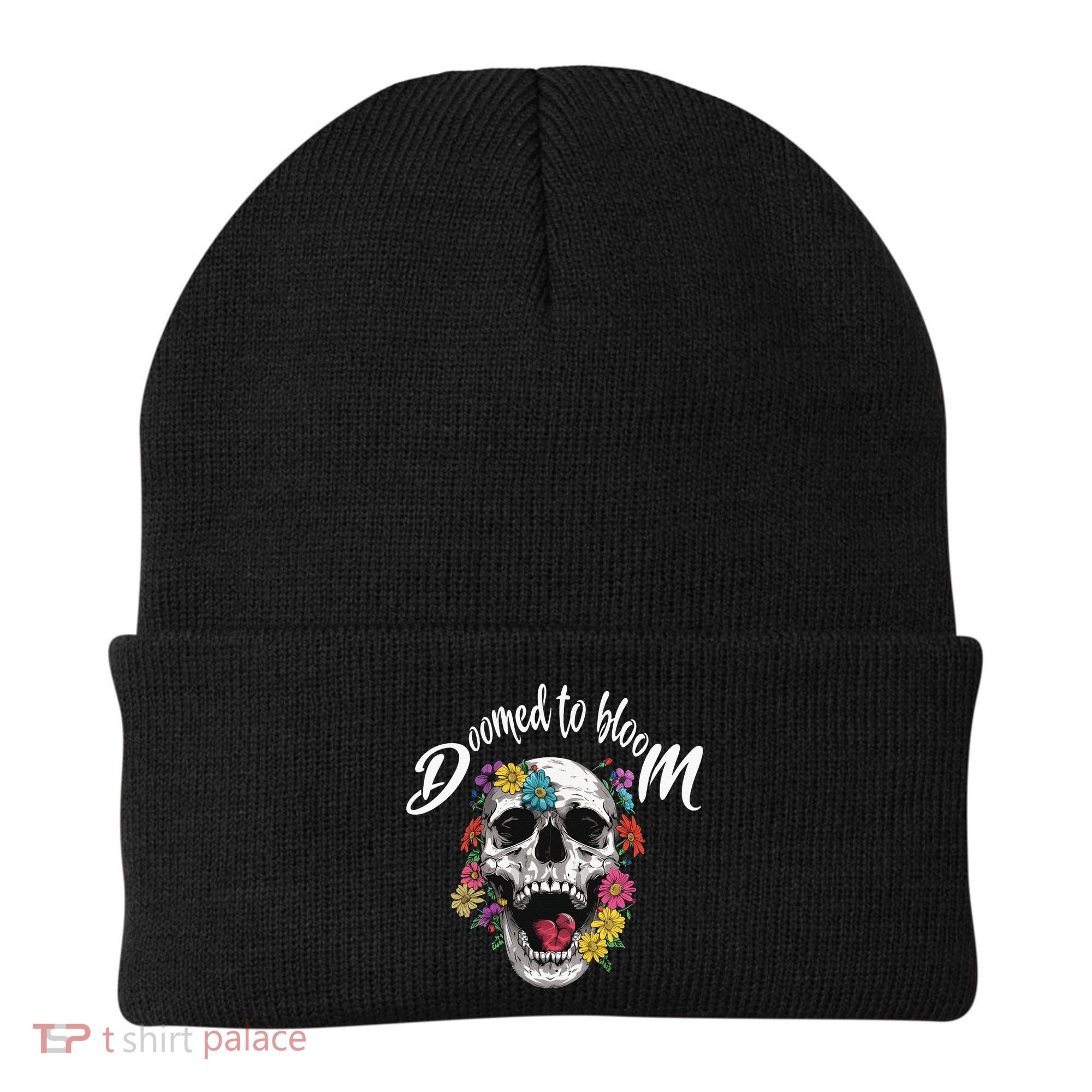 Doomed to Bloom Skull and Flowers Sobriety Beanie