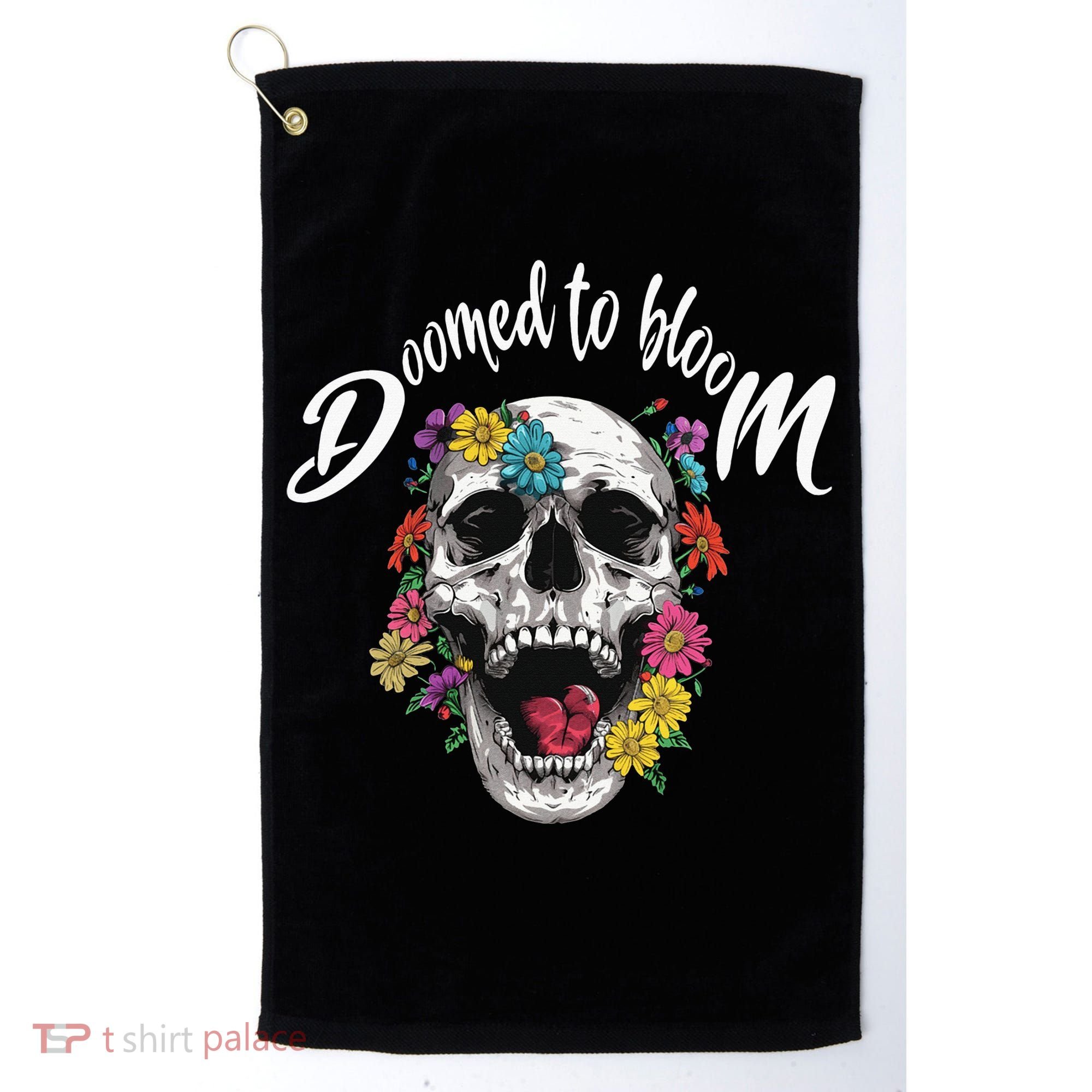 Doomed to Bloom Skull and Flowers Sobriety Golf Towel