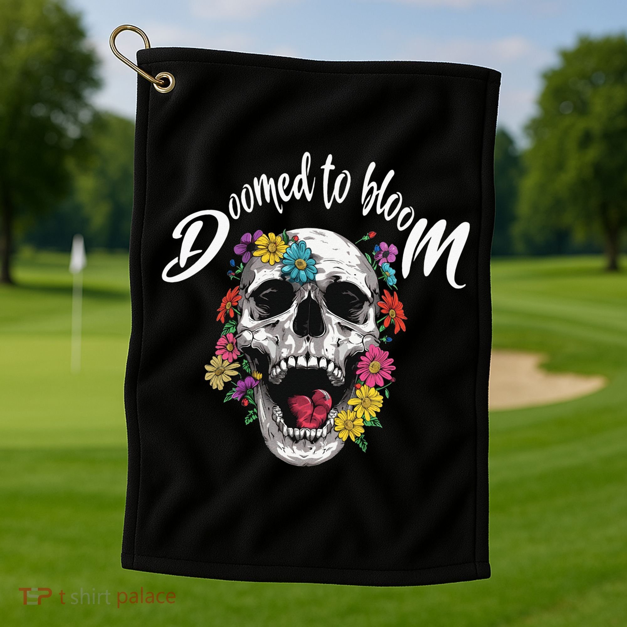 Doomed to Bloom Skull and Flowers Sobriety Golf Towel