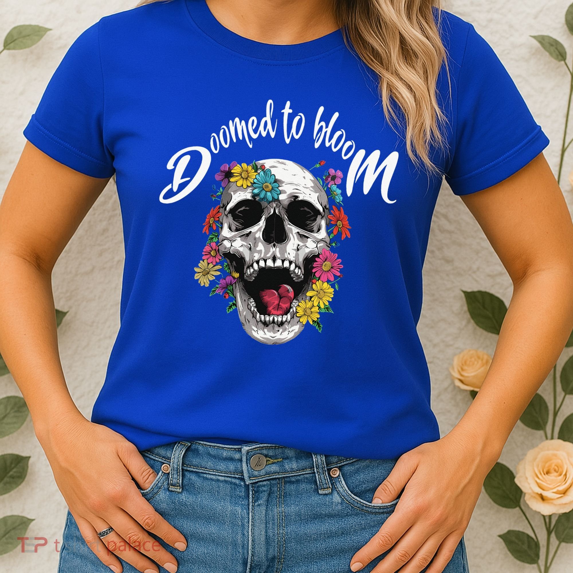 Doomed to Bloom Skull and Flowers Sobriety Women's T-Shirt