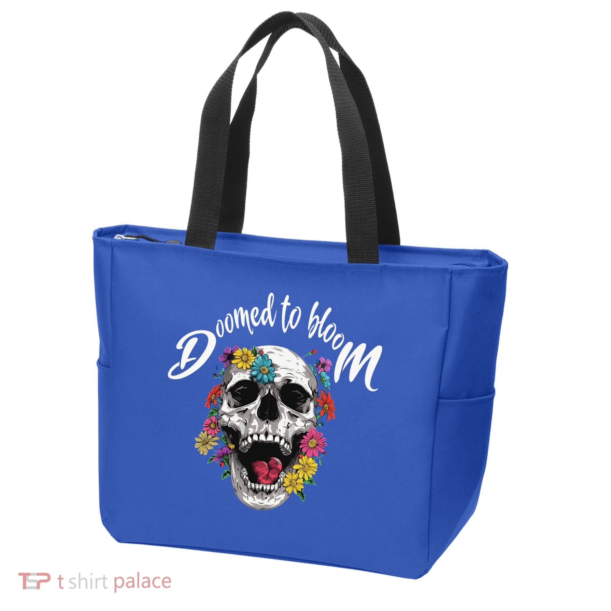 Doomed to Bloom Skull and Flowers Sobriety Tote Bag