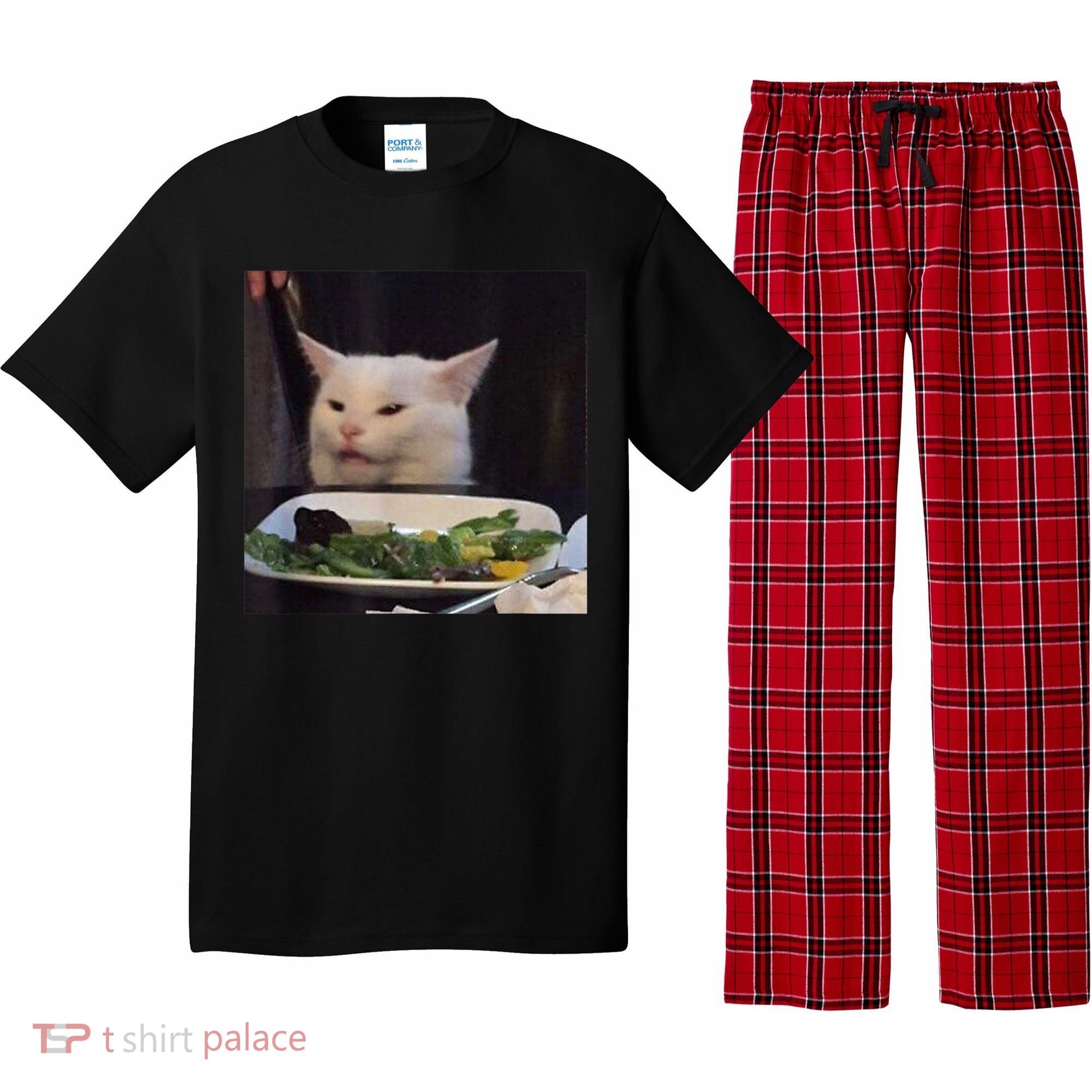 Dinner Table Cat Meme Funny Internet Yelling Confused Gift TShirt Pajama Set