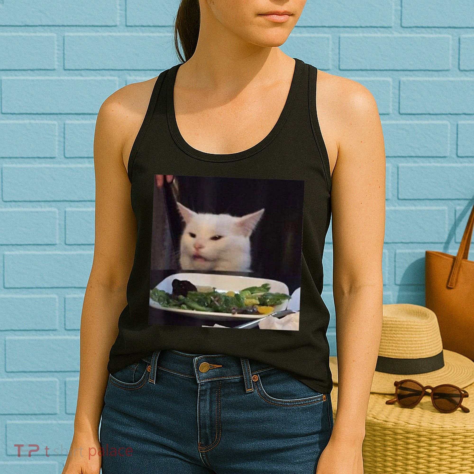 Dinner Table Cat Meme Funny Internet Yelling Confused Gift TShirt Women's Tank Top