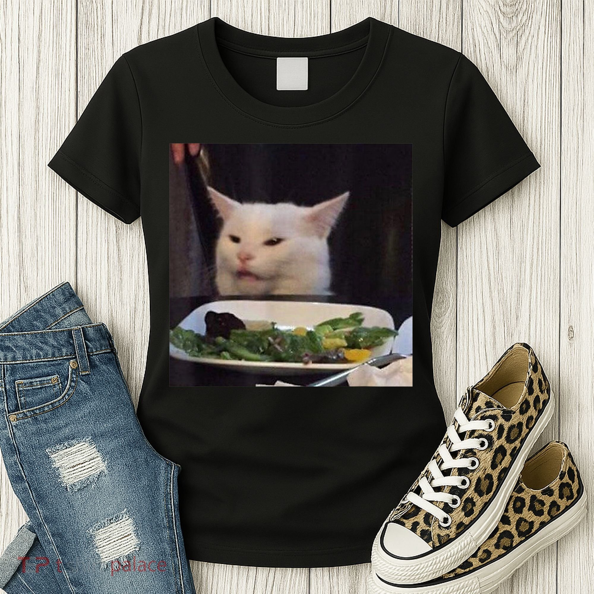 Dinner Table Cat Meme Funny Internet Yelling Confused Gift TShirt Women's T-Shirt