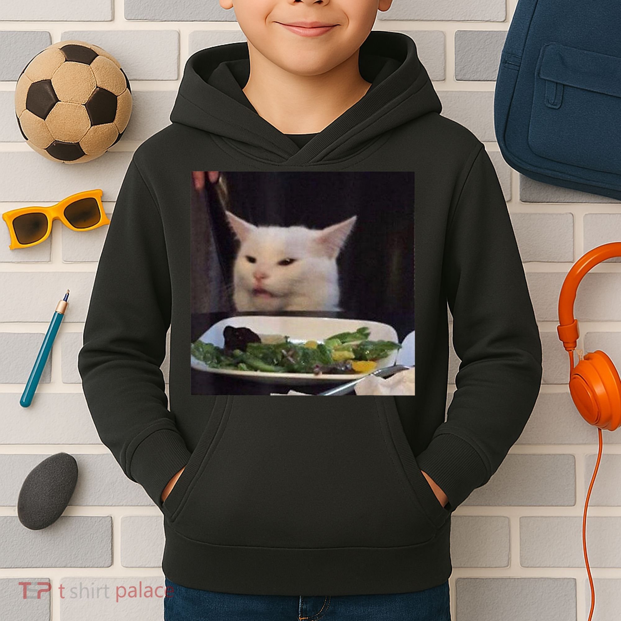 Dinner Table Cat Meme Funny Internet Yelling Confused Gift TShirt Kids Hoodie