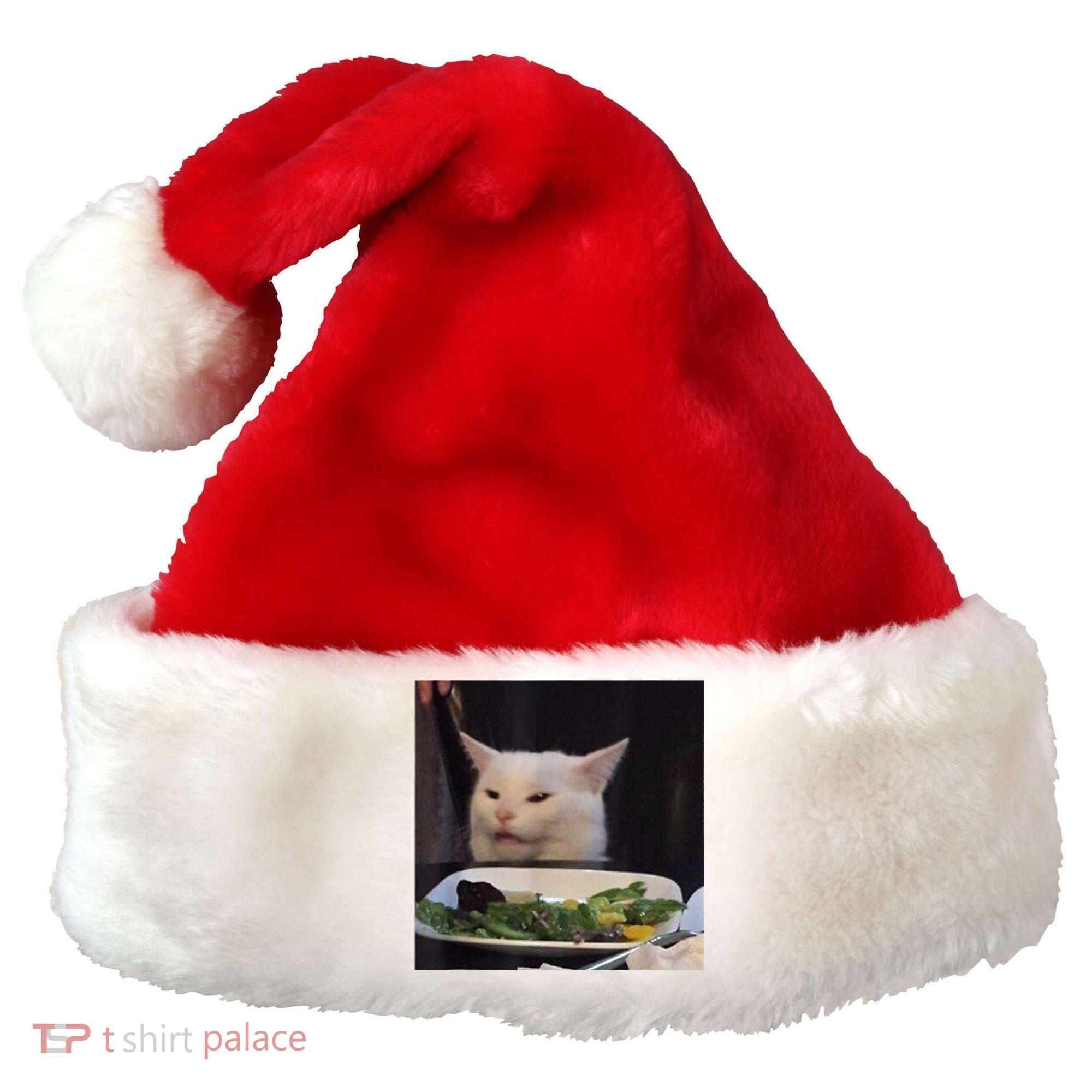 Dinner Table Cat Meme Funny Internet Yelling Confused Gift TShirt Santa Hat