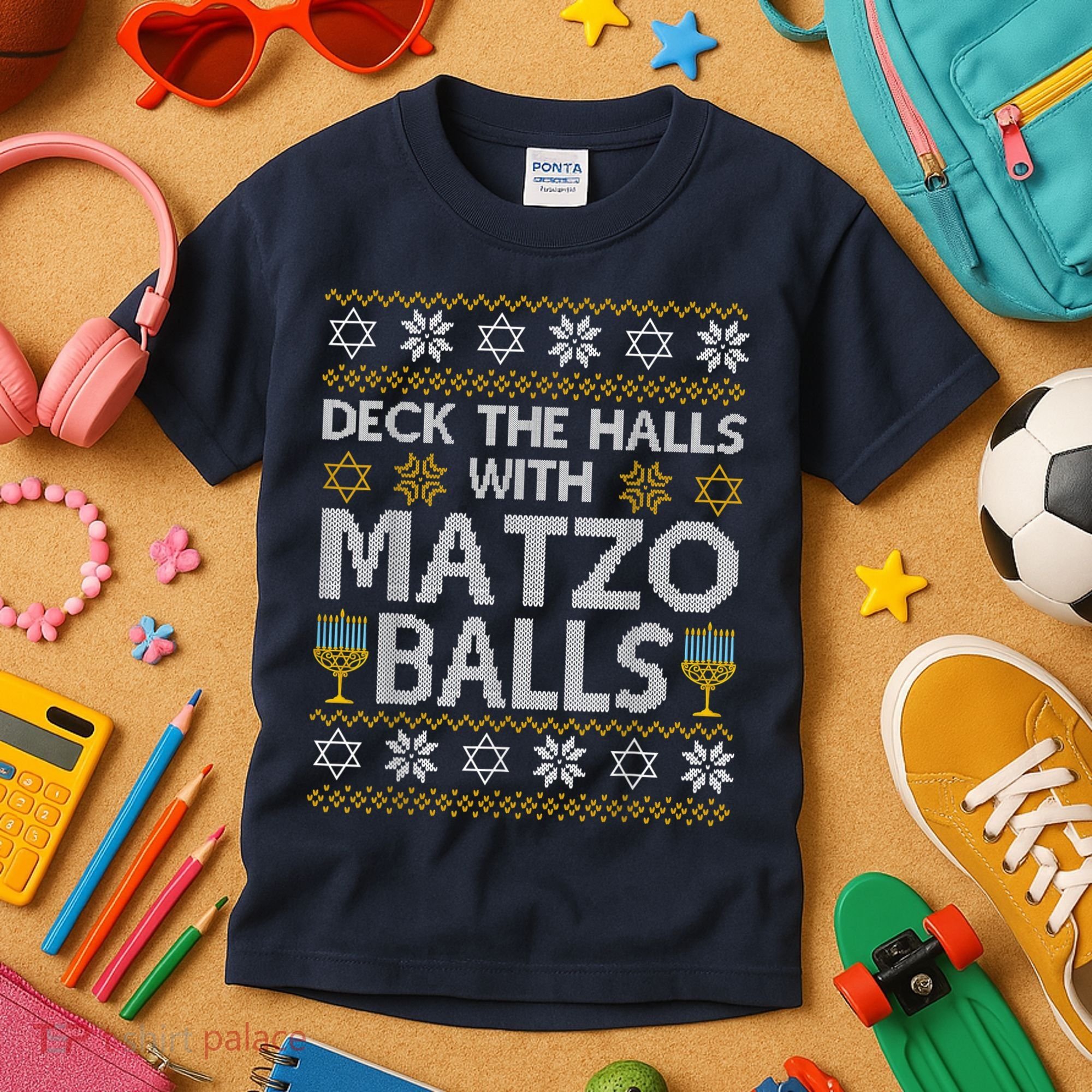 Deck The Halls With Matzo Balls Chanukkah Ugly Hanukkah Kids T-Shirt