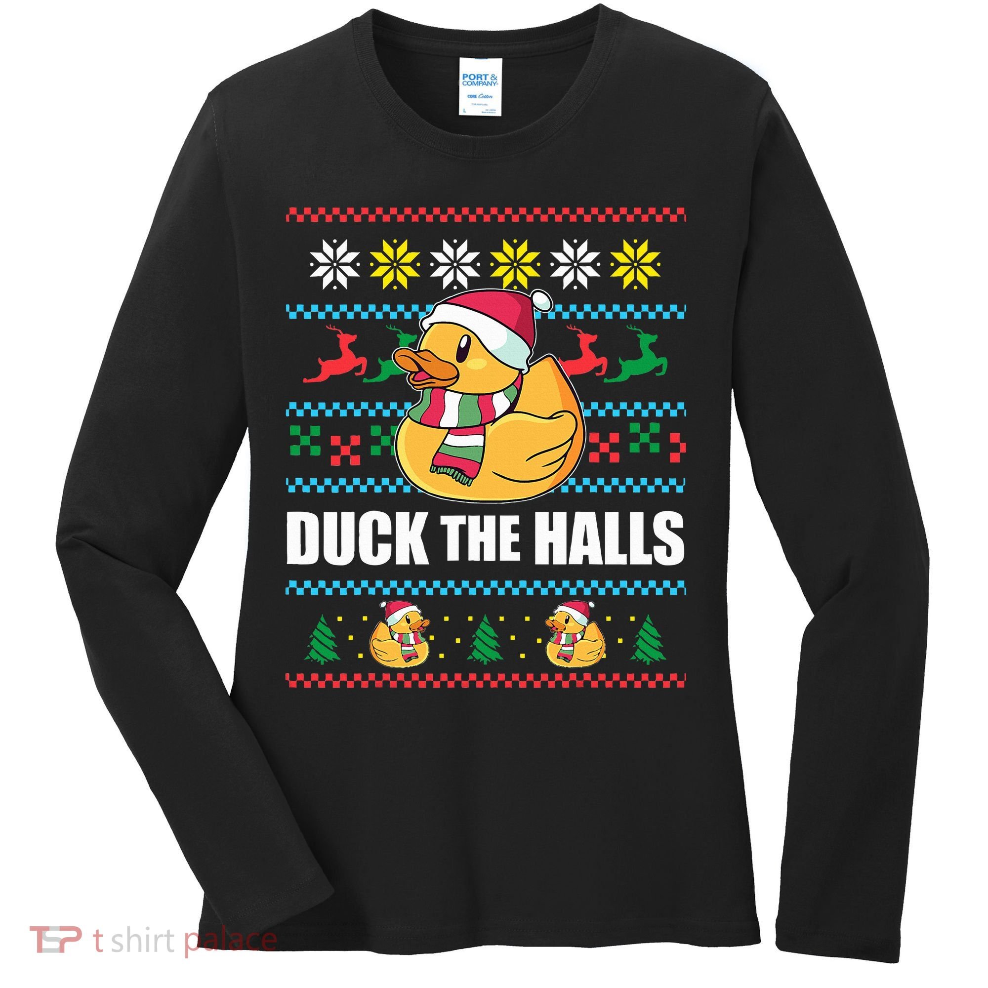 DUCK THE HALLS Funny Ugly Christmas Sweater Meme Gift Women's Long Sleeve Shirt