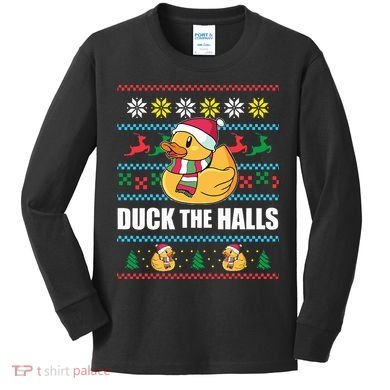 DUCK THE HALLS Funny Ugly Christmas Sweater Meme Gift Kids Long Sleeve Shirt