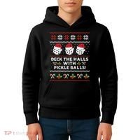 DECK THE HALLS PICKLE BALLS Ugly Christmas Pickleball Kids Hoodie thumb 4