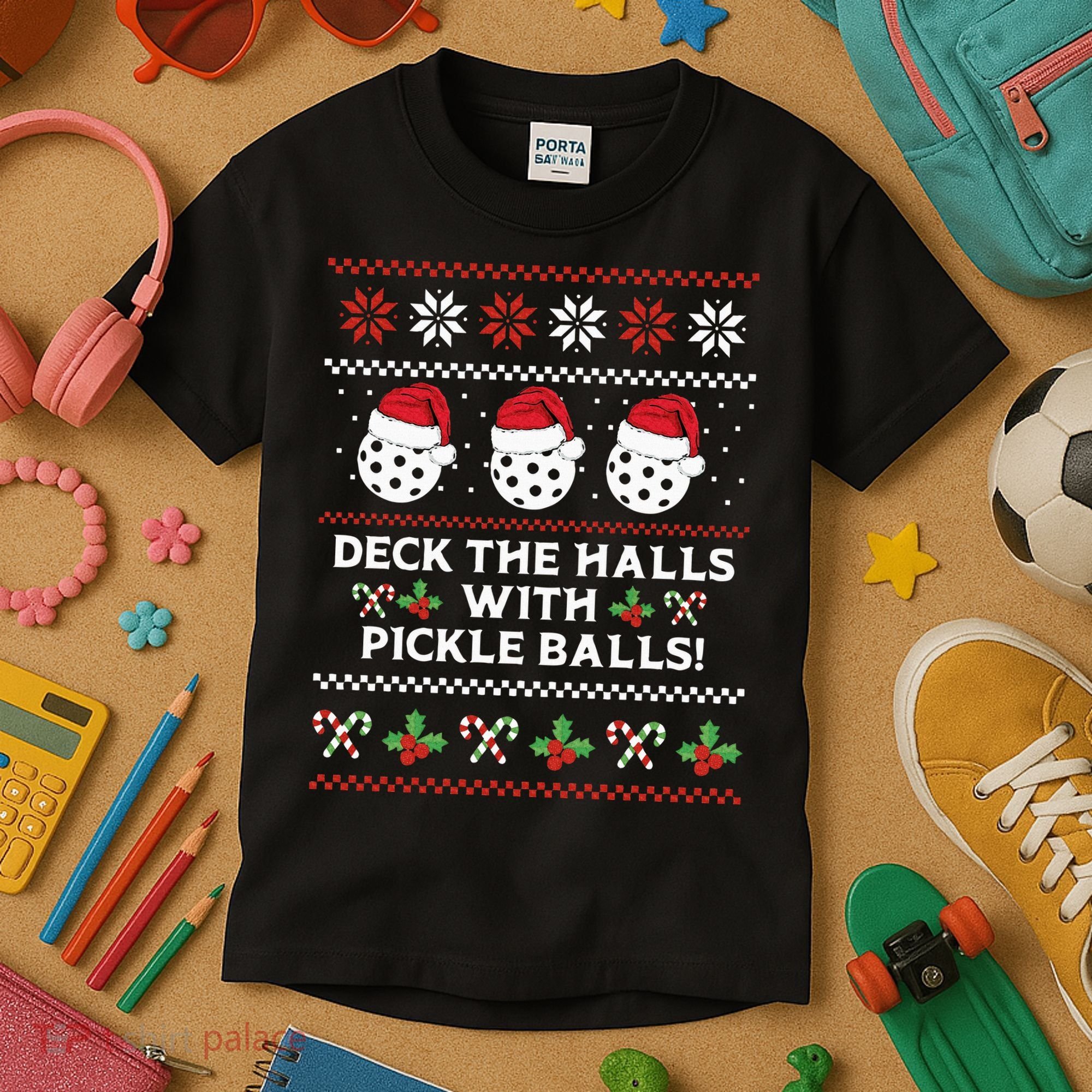 DECK THE HALLS PICKLE BALLS Ugly Christmas Pickleball Kids T-Shirt