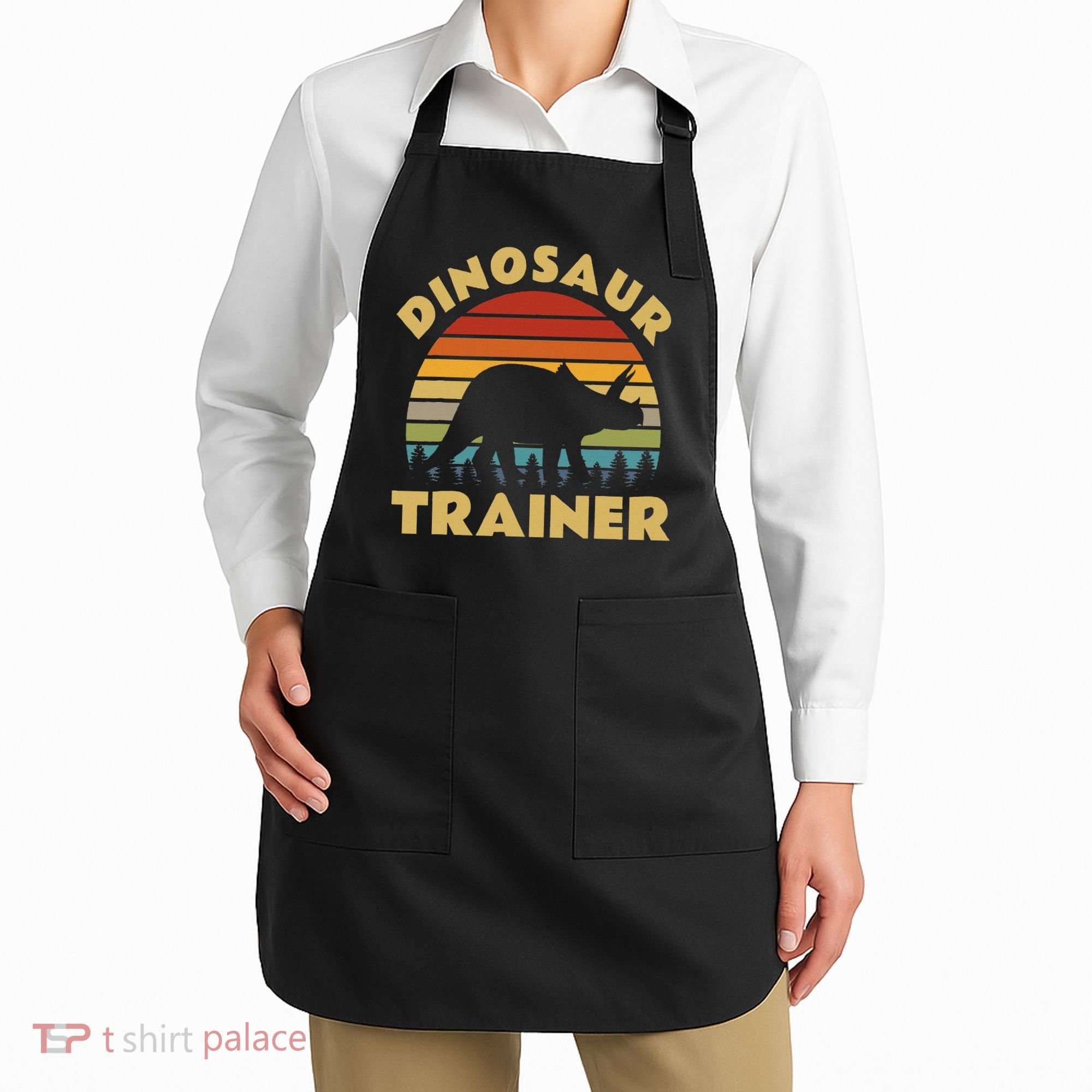 Dinosaur Trainer Halloween Costume Retro Sunset Dino Outline Apron