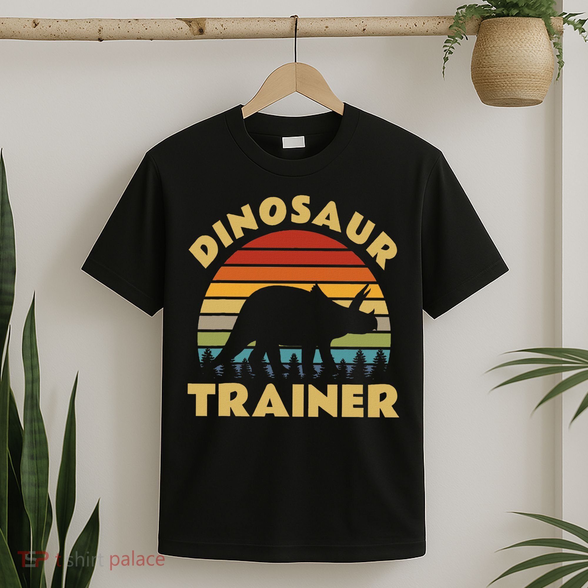 Dinosaur Trainer Halloween Costume Retro Sunset Dino Outline T-Shirt