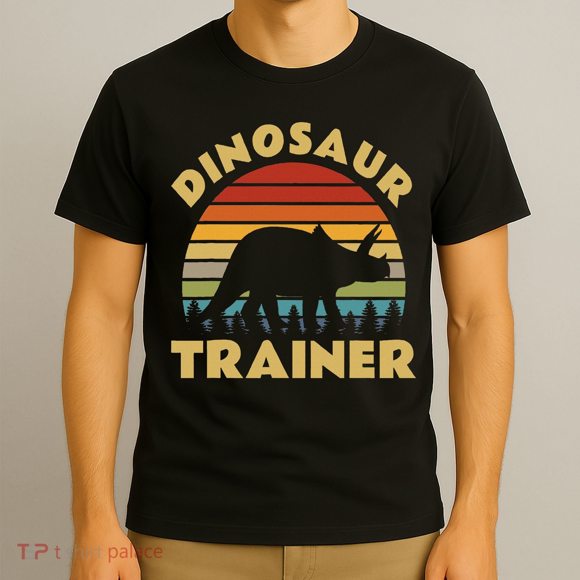 Dinosaur Trainer Halloween Costume Retro Sunset Dino Outline T-Shirt
