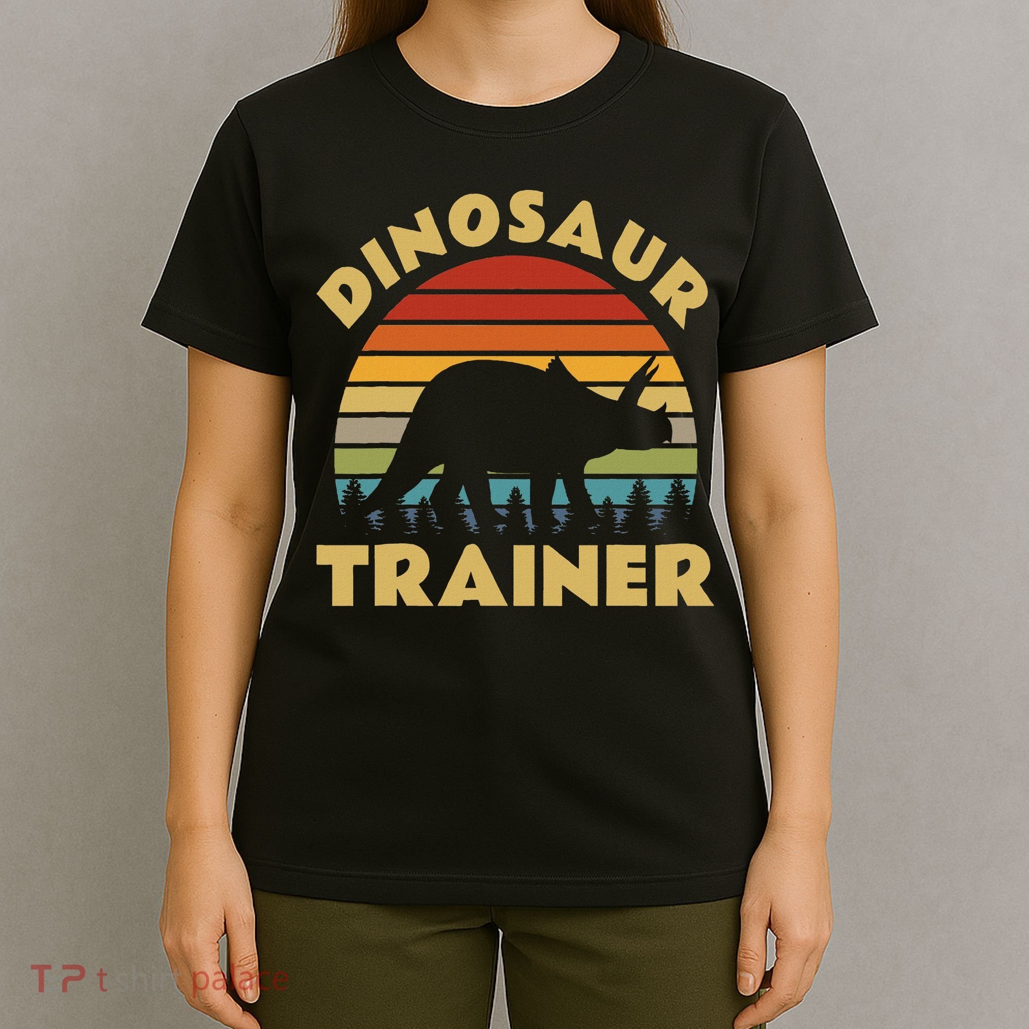 Dinosaur Trainer Halloween Costume Retro Sunset Dino Outline T-Shirt