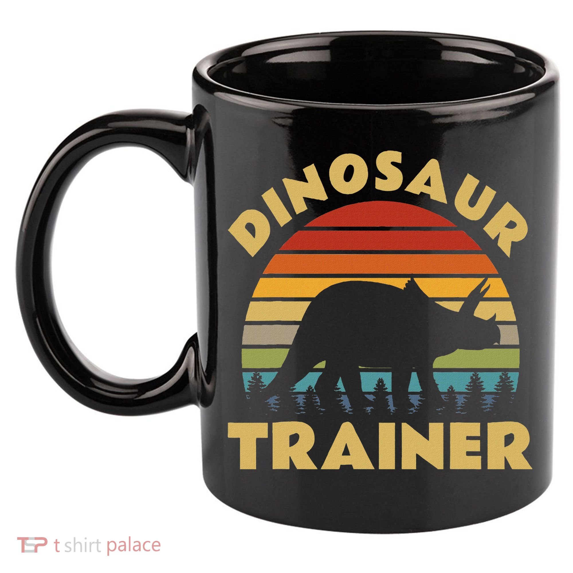 Dinosaur Trainer Halloween Costume Retro Sunset Dino Outline 11oz C Handle Ceramic Mug