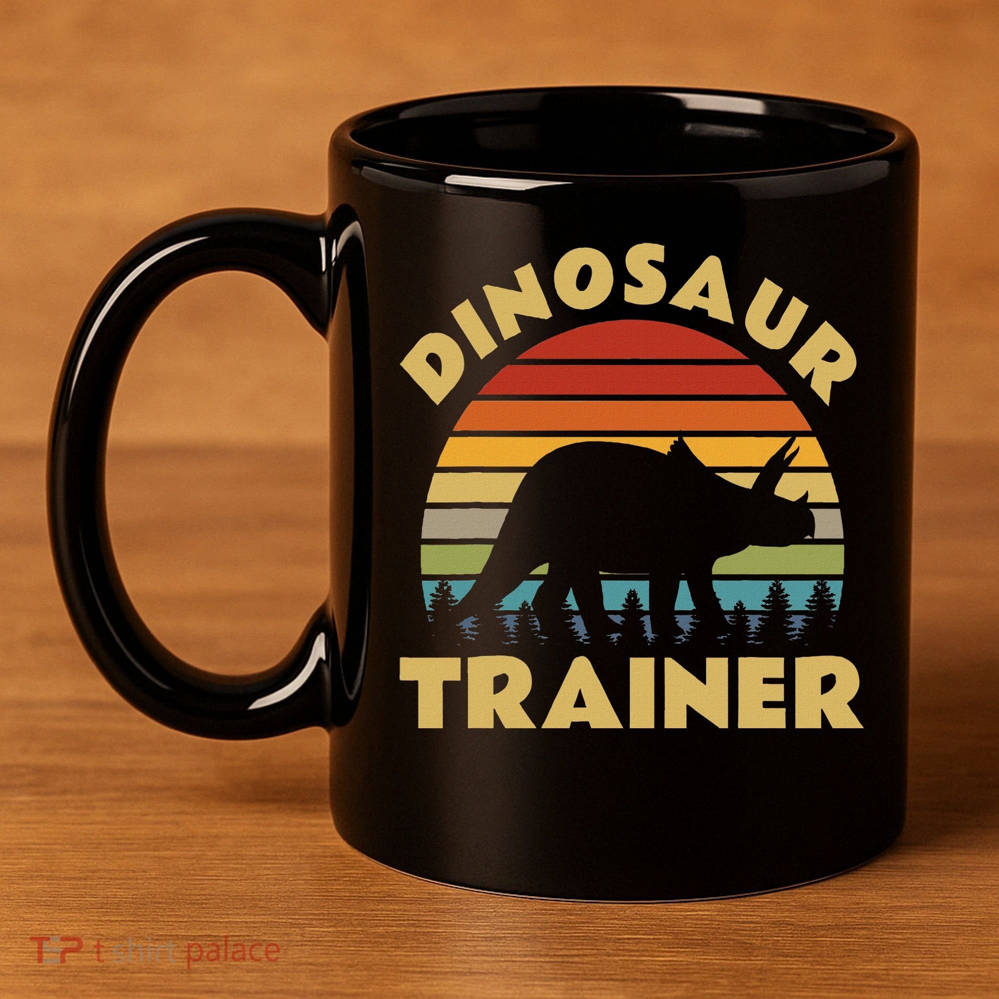 Dinosaur Trainer Halloween Costume Retro Sunset Dino Outline 11oz C Handle Ceramic Mug