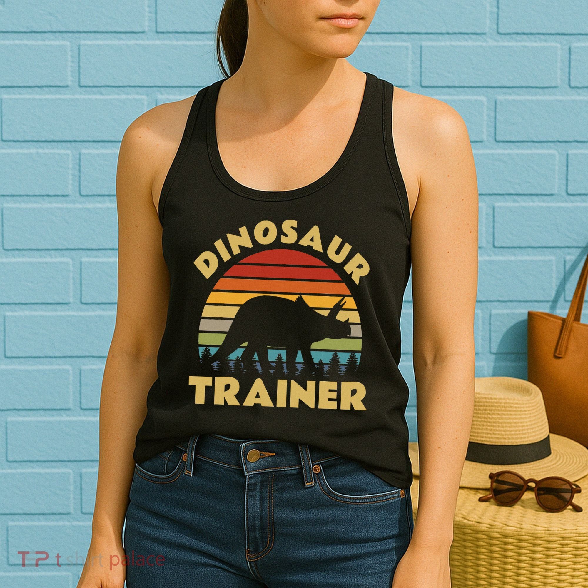 Dinosaur Trainer Halloween Costume Retro Sunset Dino Outline Women's Tank Top