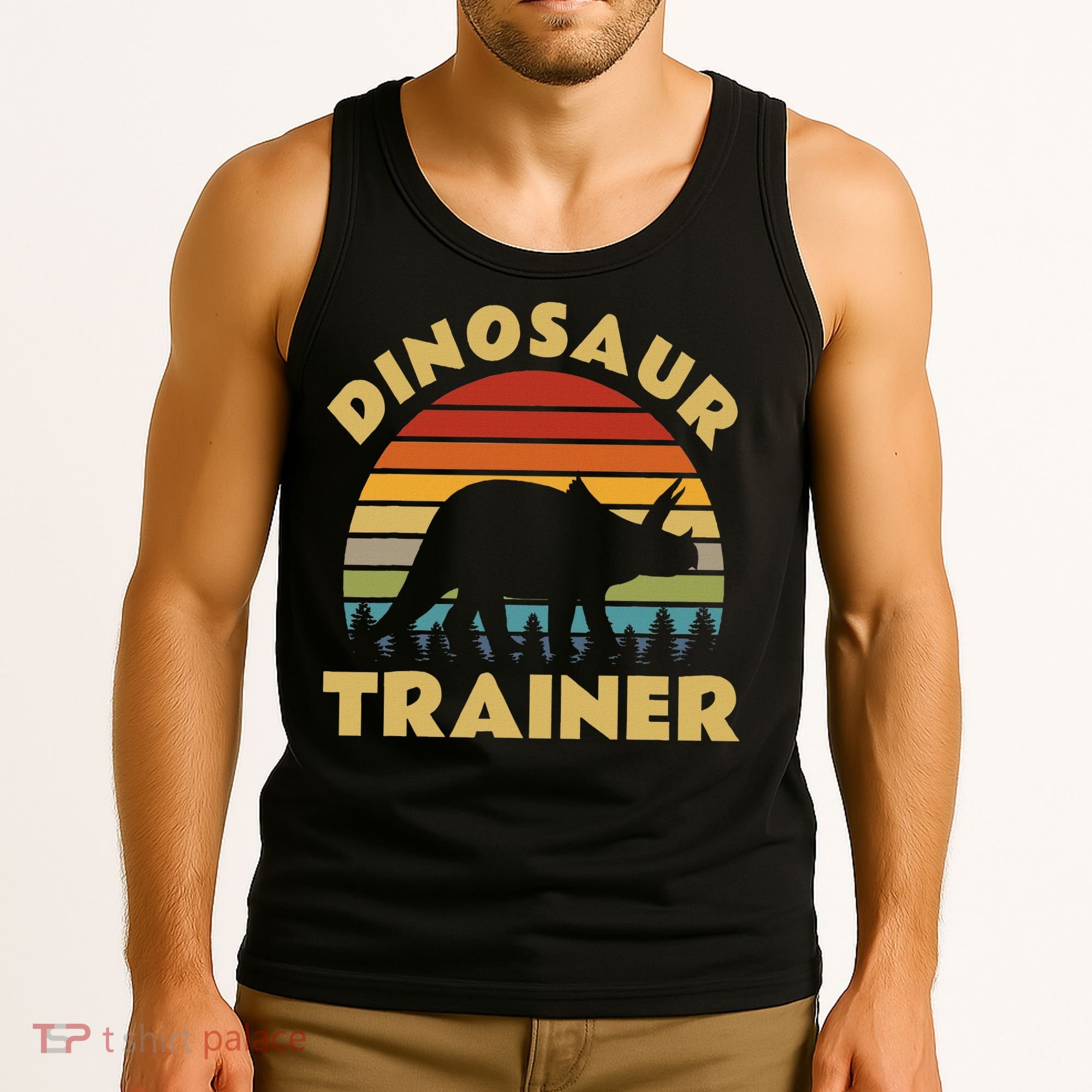 Dinosaur Trainer Halloween Costume Retro Sunset Dino Outline Tank Top