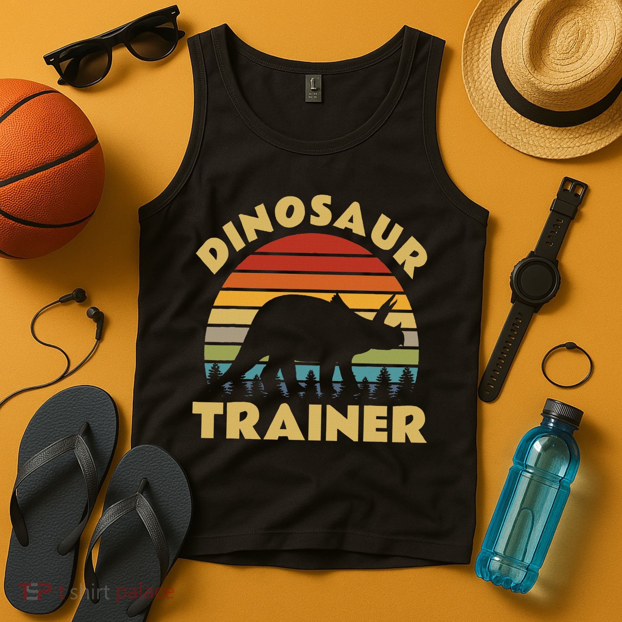 Dinosaur Trainer Halloween Costume Retro Sunset Dino Outline Tank Top