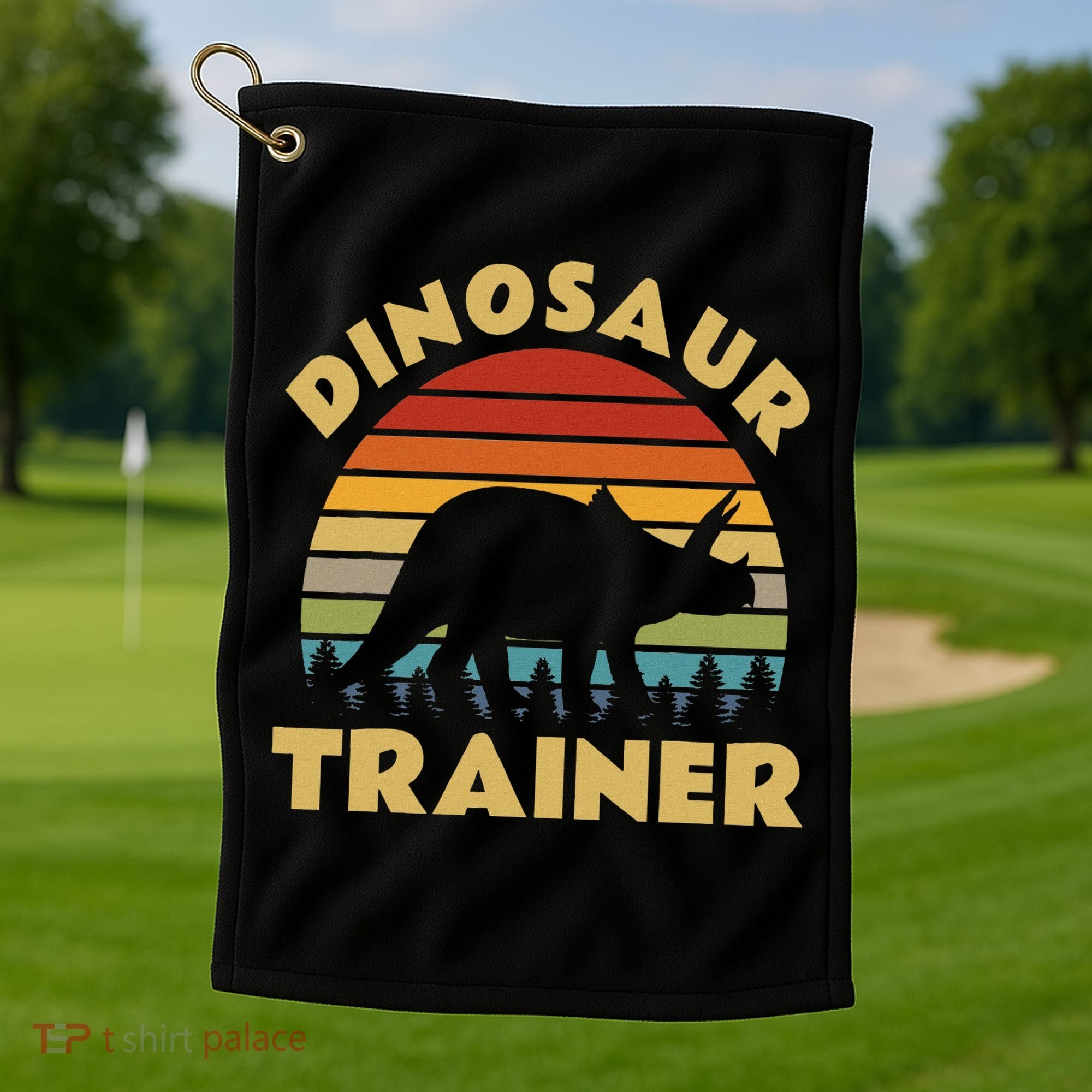 Dinosaur Trainer Halloween Costume Retro Sunset Dino Outline Golf Towel