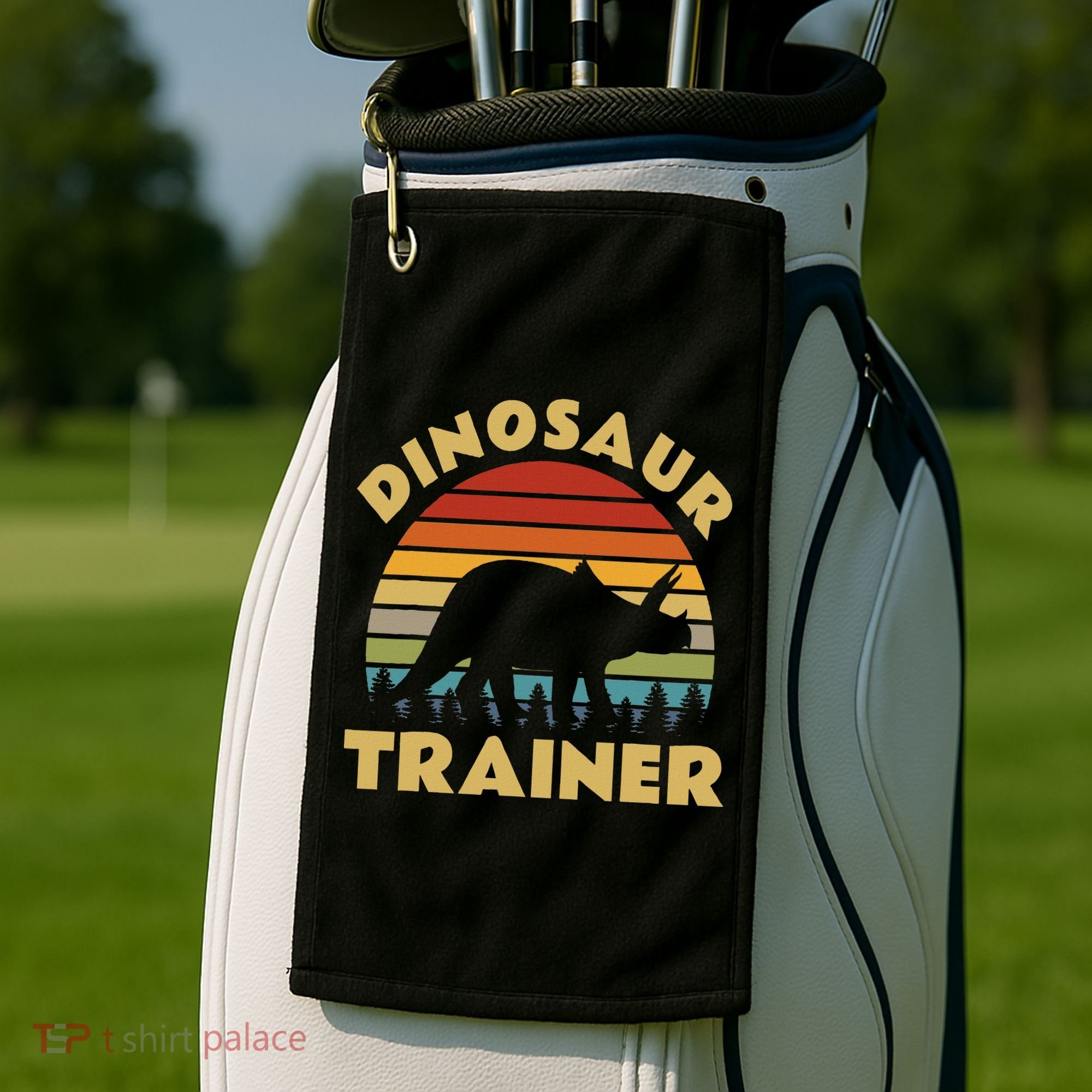 Dinosaur Trainer Halloween Costume Retro Sunset Dino Outline Golf Towel
