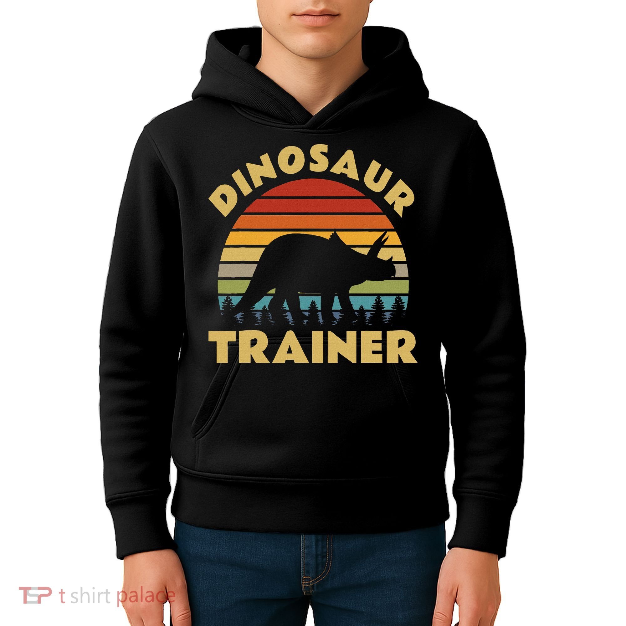 Dinosaur Trainer Halloween Costume Retro Sunset Dino Outline Kids Hoodie