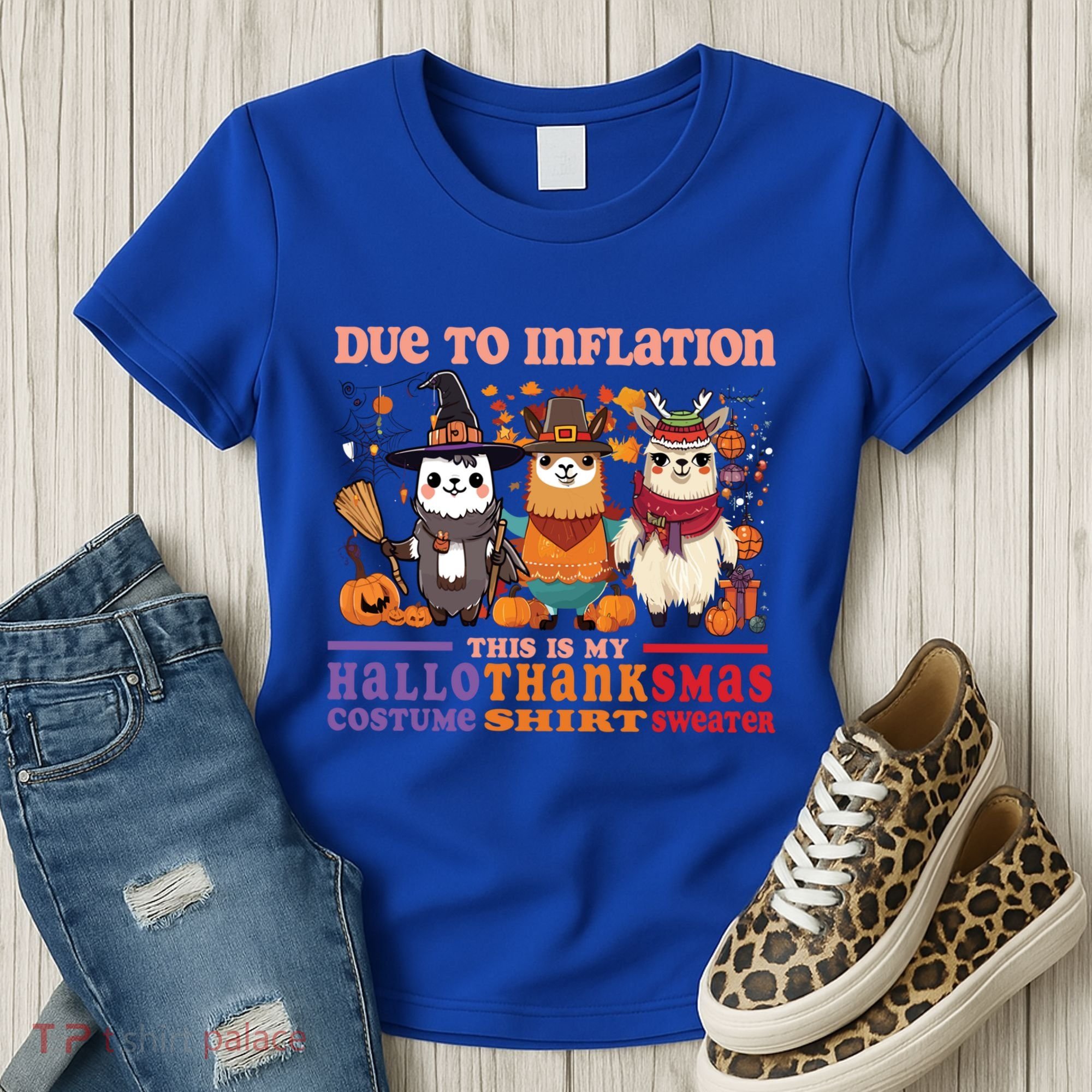 Due To Inflation Halloween Thanksgiving Ugly Christmas Llama Gift Women's T-Shirt