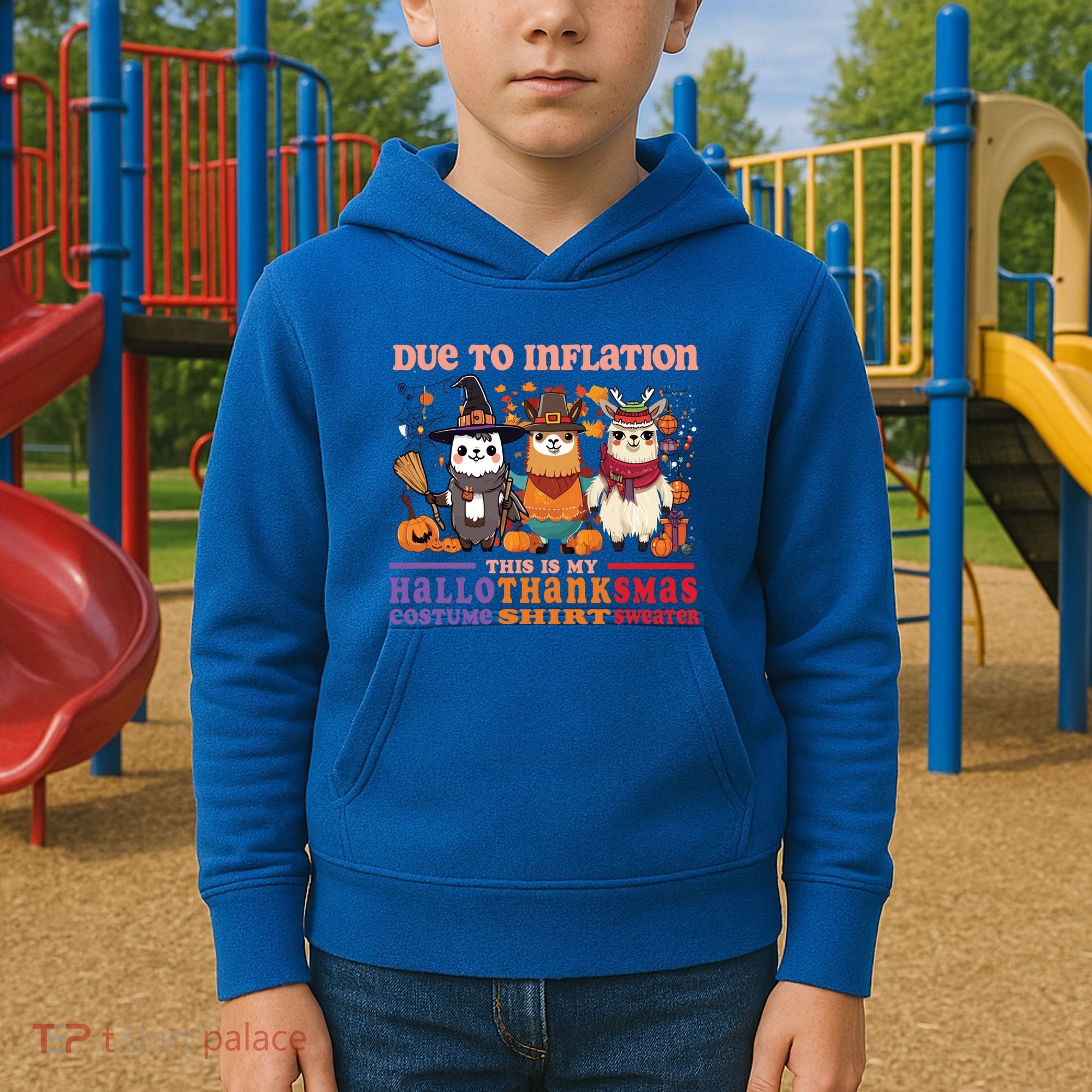 Due To Inflation Halloween Thanksgiving Ugly Christmas Llama Gift Kids Hoodie