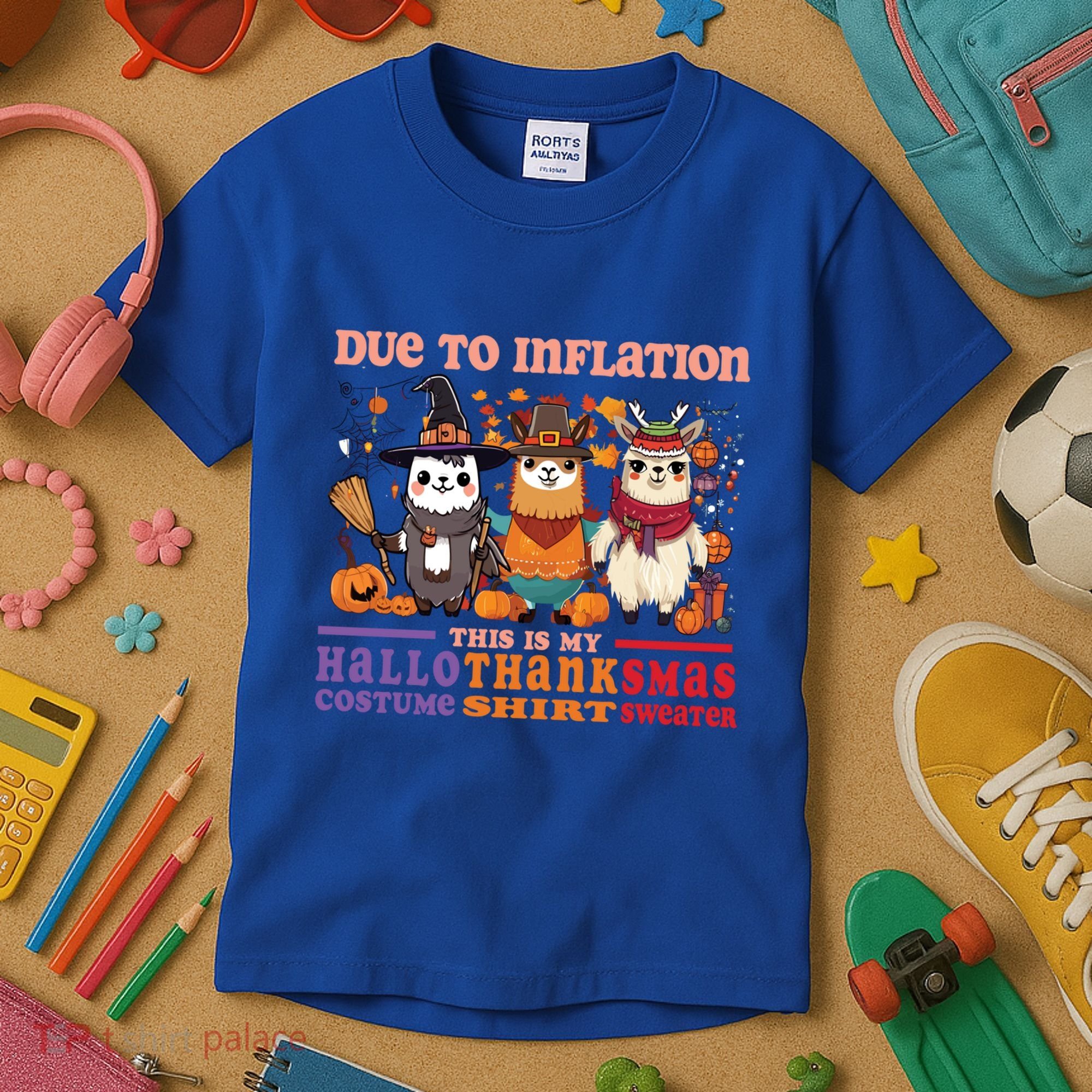 Due To Inflation Halloween Thanksgiving Ugly Christmas Llama Gift Kids T-Shirt