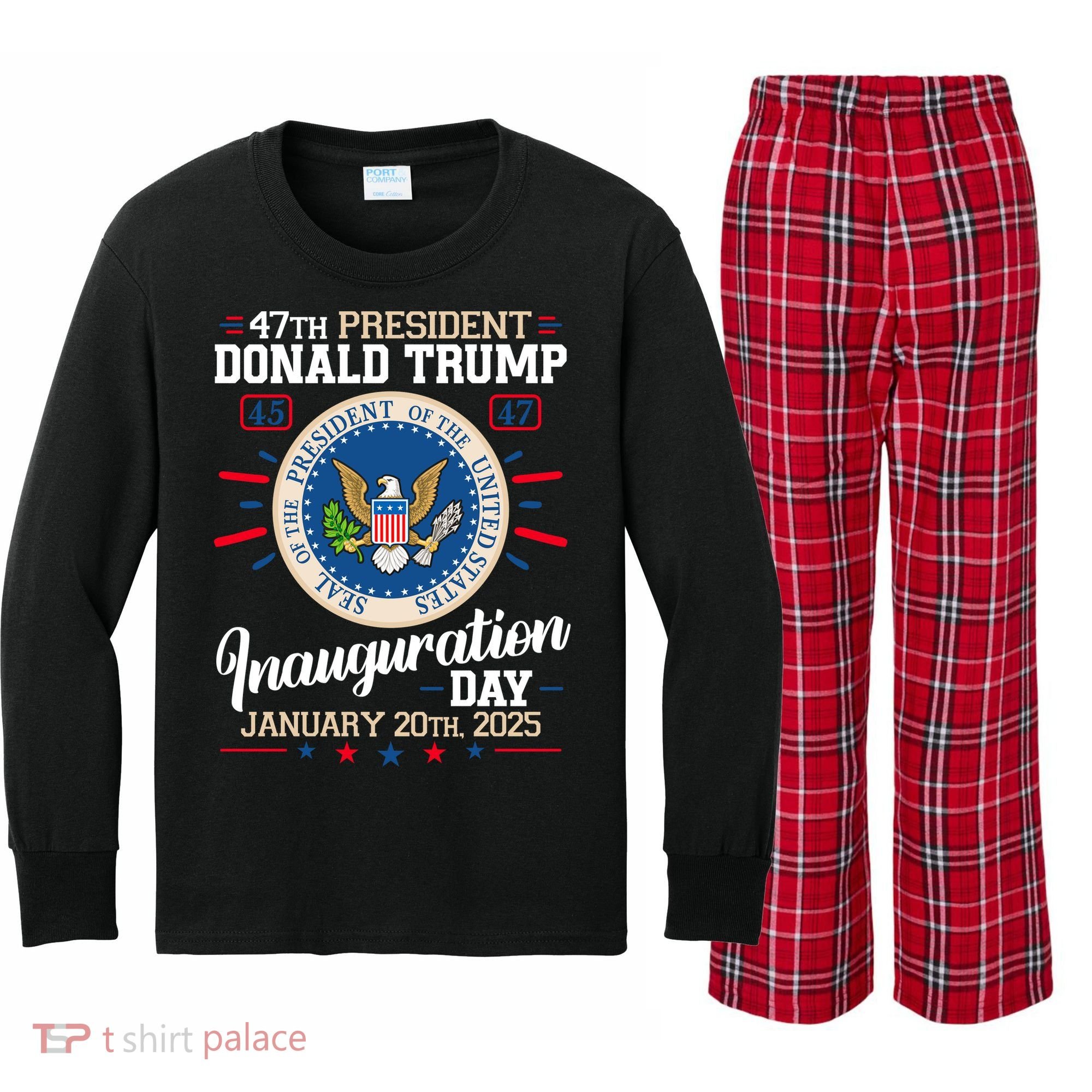 Donald Trump Inauguration Day 2025 Kids Long Sleeve Plaid Pajama Set