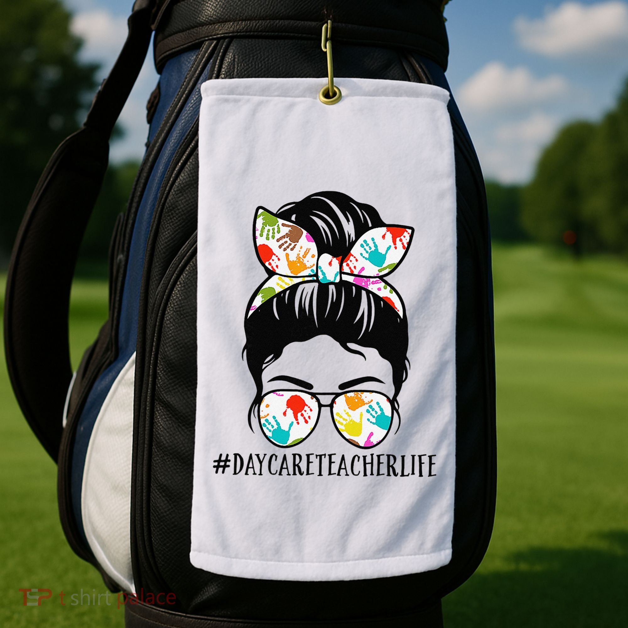 Daycare Teacher Life Messy Bun Mom  Golf Towel