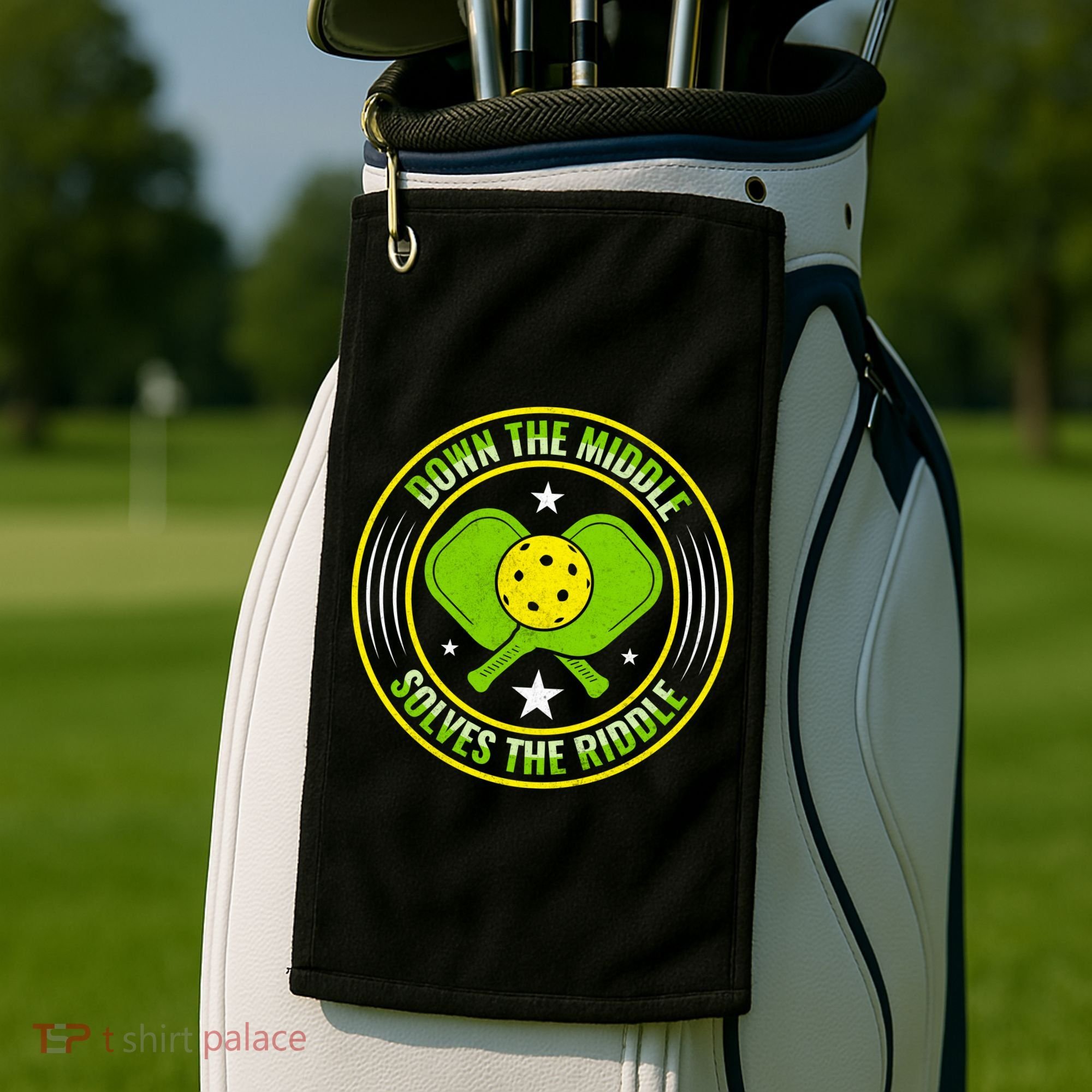 Down The Middle Solves The Riddle Funny Pickleball Golf Towel