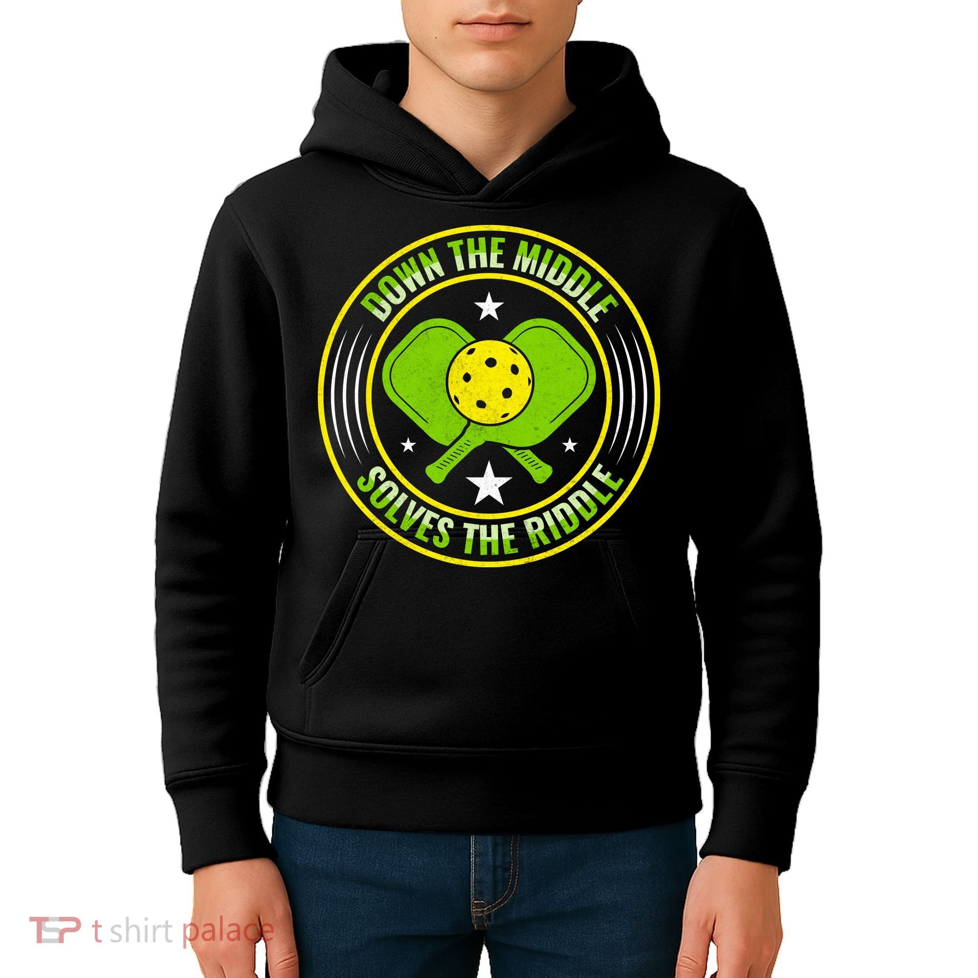 Down The Middle Solves The Riddle Funny Pickleball Kids Hoodie