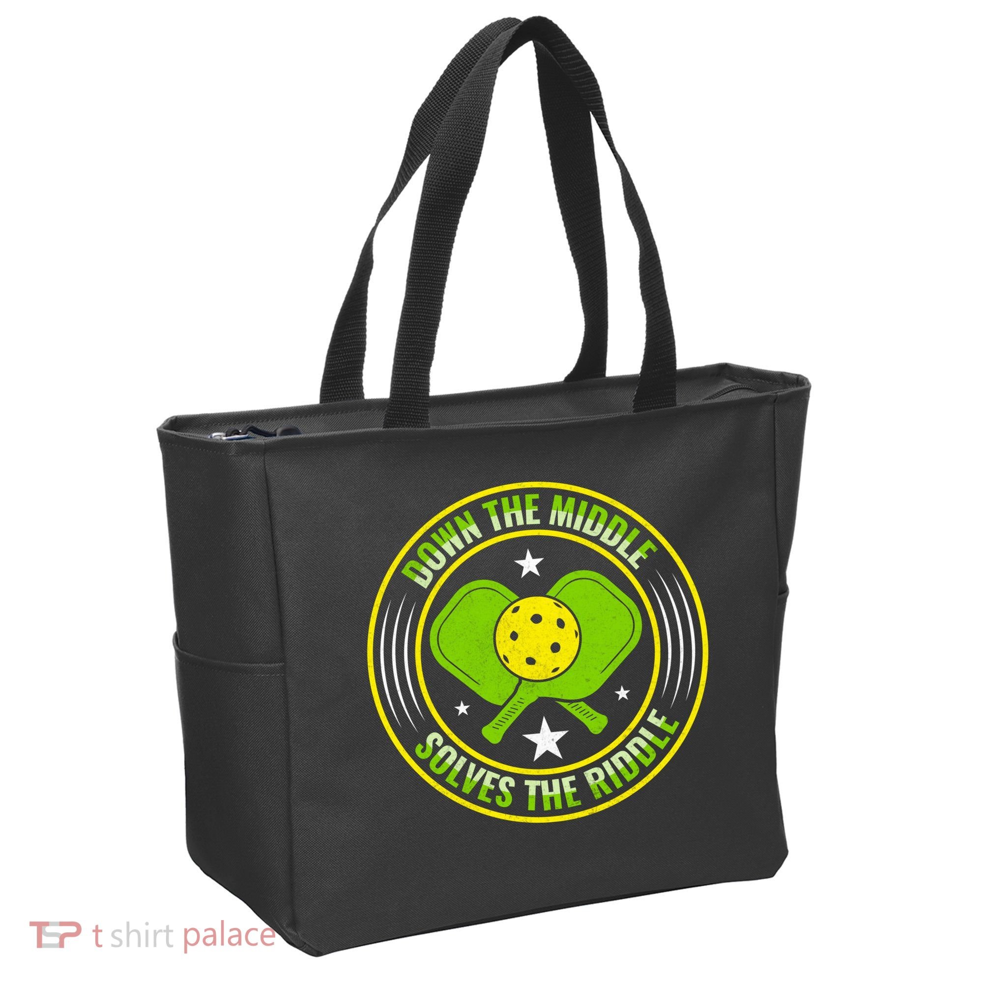 Down The Middle Solves The Riddle Funny Pickleball Tote Bag